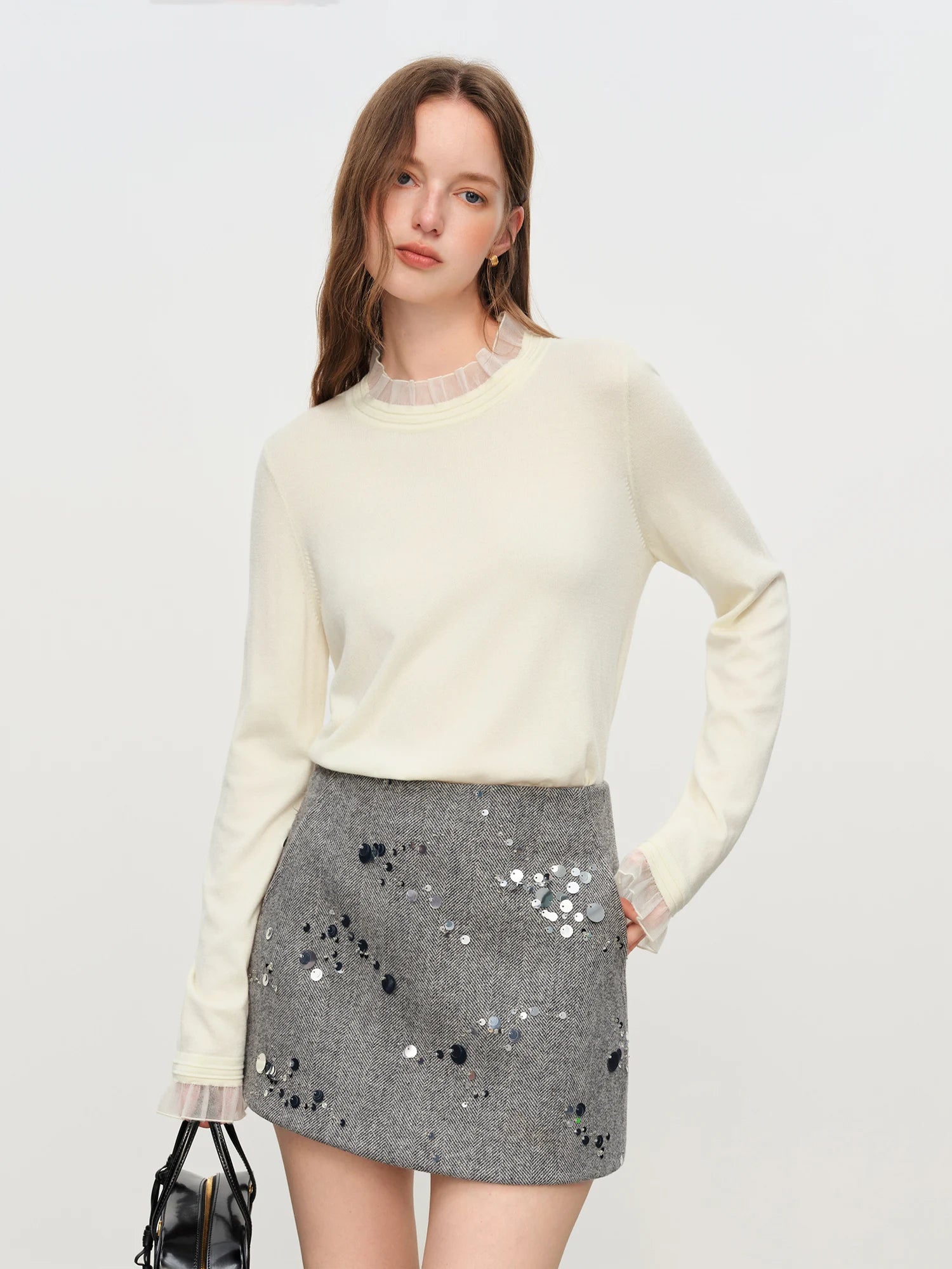 FSLE 2025 Women's Mock Neck Knit Top - Ruffle Trim Detail Layering Staple Autumn Winter Base Layer with Soft Stretch Fit