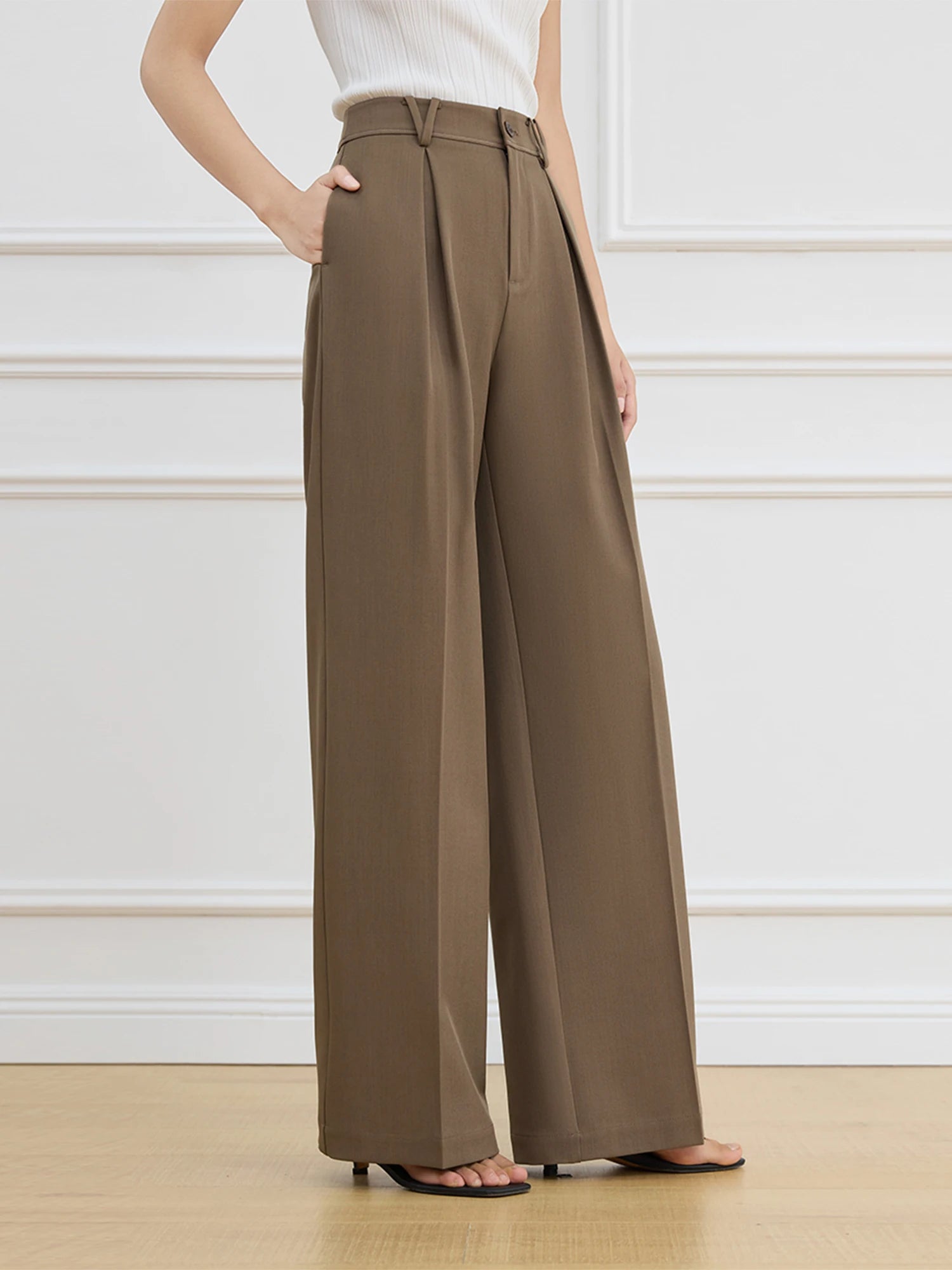 FSLE All-match Casual High Waist Straight Brown Pants For Women 2025 Spring New Design All-match Khaki Chic Pants 25FS11202