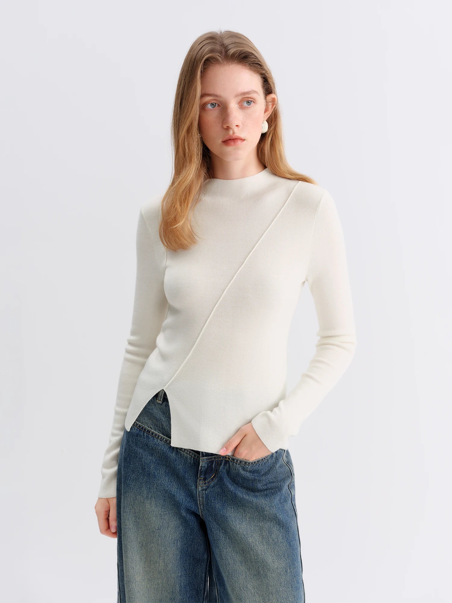 ​FSLE 2025 Winter Women's Mulberry Silk Wool Blend Knit Top - Asymmetric Bias Cut Design Base Layer for Casual Comfort