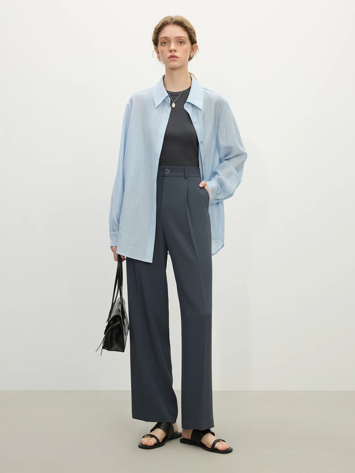 FSLE【2 Length】Women Black Commuter Long Trousers High Waist Grey Draped Straight Female Cropped Pants 25FS11163+25FS11248