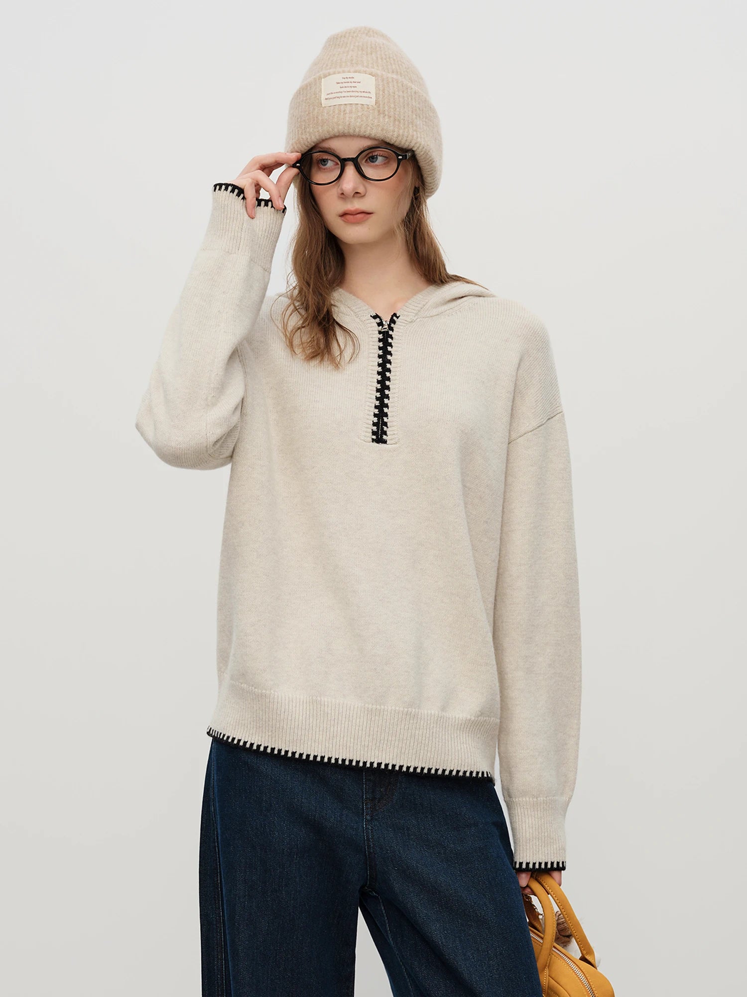 FSLE Contrast Color Loose Hooded Sweater for Women Winter 2025 New Embroidered Jacquard Hoodie Solid Simple Clean Fit