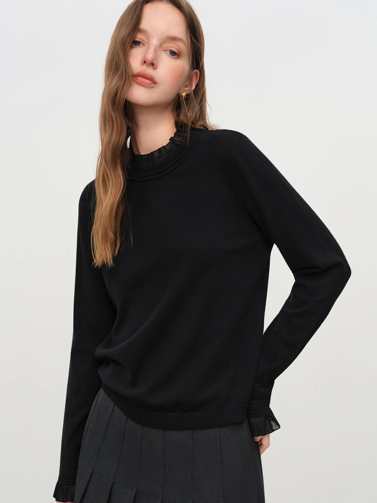 FSLE 2025 Women's Mock Neck Knit Top - Ruffle Trim Detail Layering Staple Autumn Winter Base Layer with Soft Stretch Fit