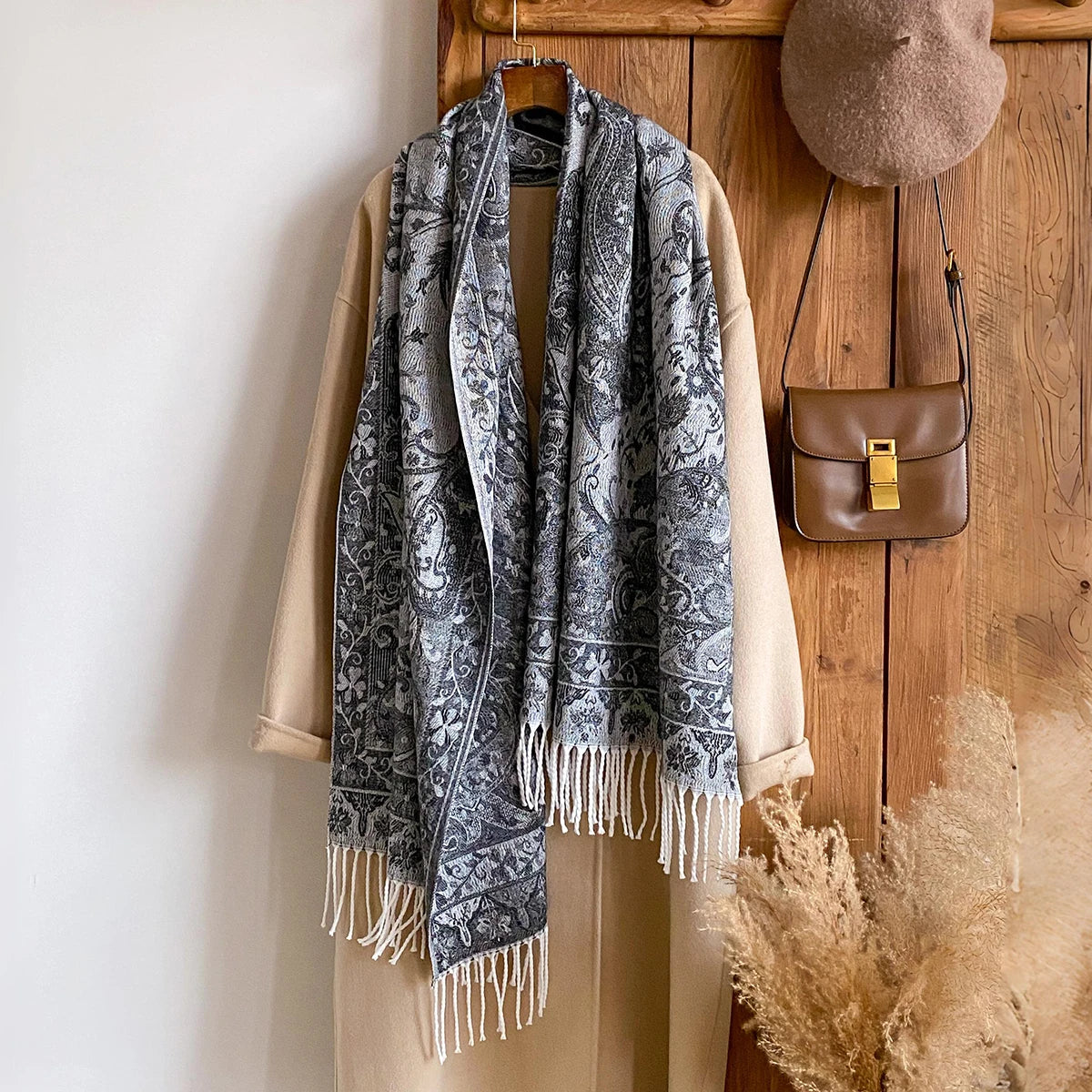 Winter Women's Thick Pashmina Shawl National Style Warm Long Tassel Scarf with Flower Embellishment Versatile Poncho Stole