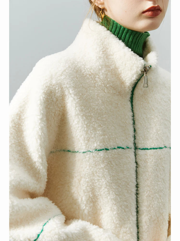 FSLE Women Korean Style Sports Fur Coats 2022 Winter Simple Stand Collar Women Zipper Design Fur Jackets Straight Warm Coat