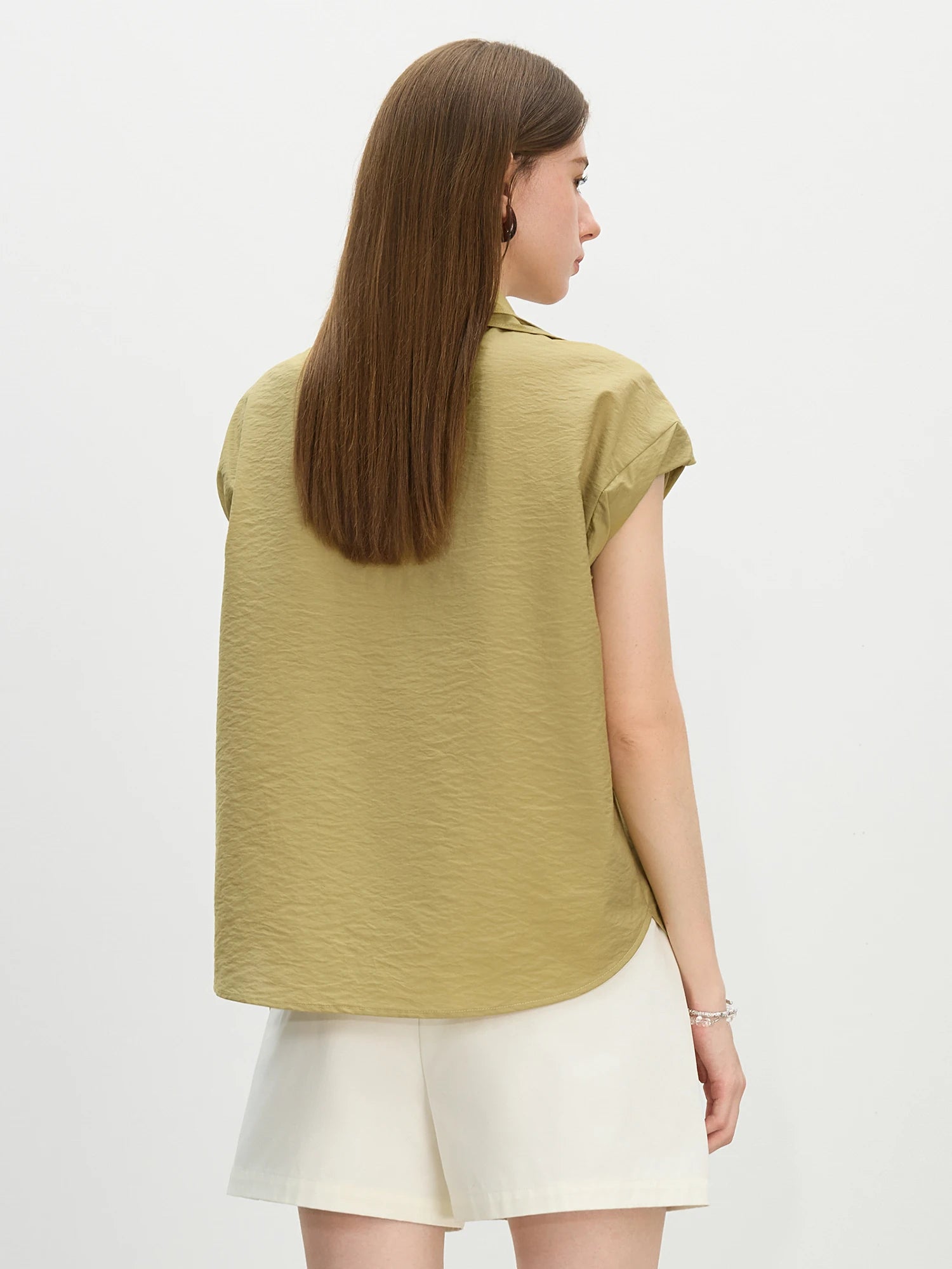 FSLE Women's Double-Layer Turn-Up Collar Flattering Fit Casual Commuter Shirt, 2025 Summer New Style Short Sleeve 25FS12465