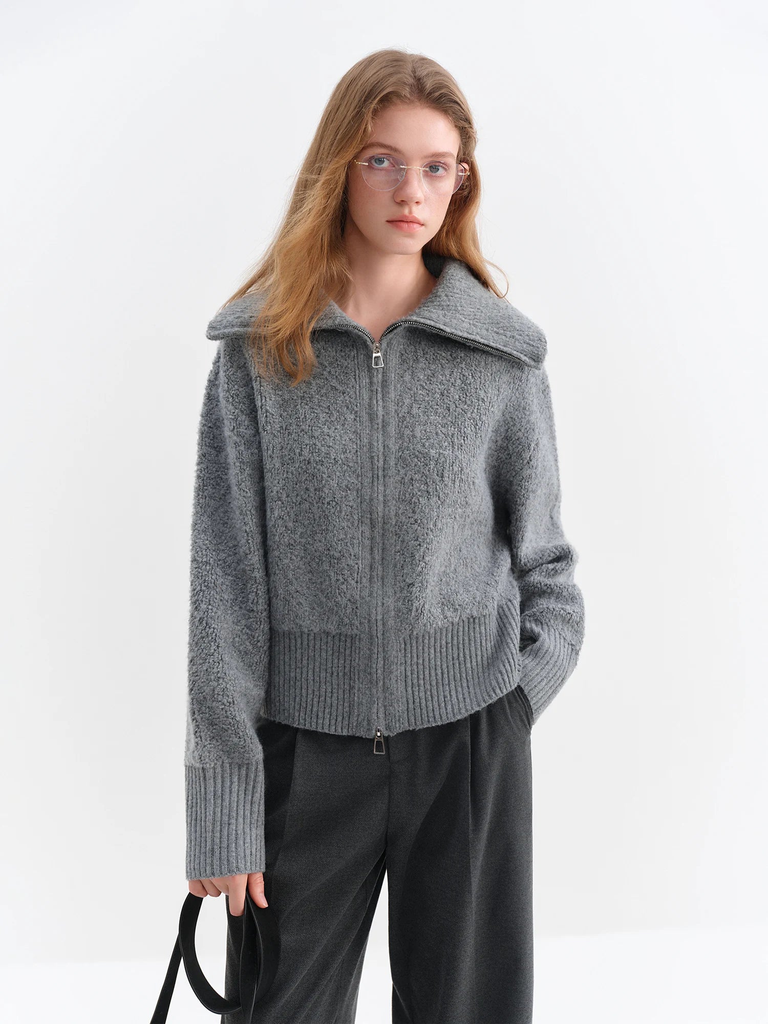 FSLE 2025 Winter Women's Grey Preppy Style Wide Notch Lapel Knit Cardigan - Casual Commute Open Front Sweater for Daily Elegant