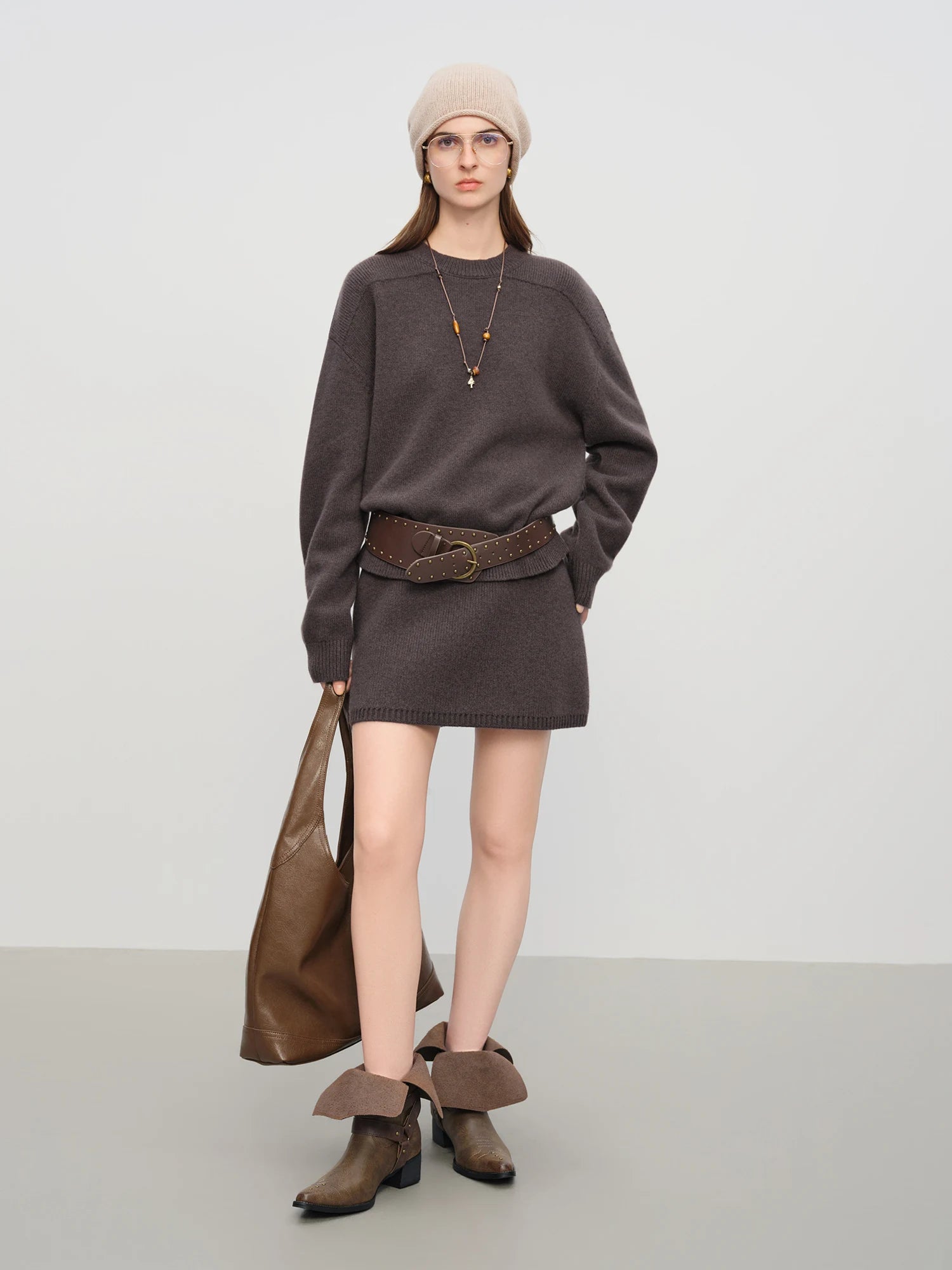 FSLE【Premium Series】 Winter 2025 Women's Minimalist Knit Set - Round Neck Sweater & A-Line Skirt Casual Comfort Two Piece Outfit
