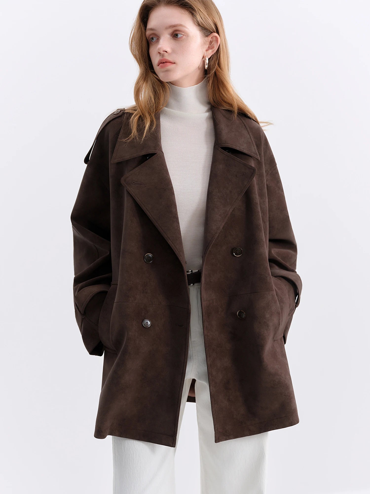 FSLE Retro Double-breasted Lapel Loose Leather Jacket for Women 2025 Winter New Casual Coffee-colored Jacket Loose Fit