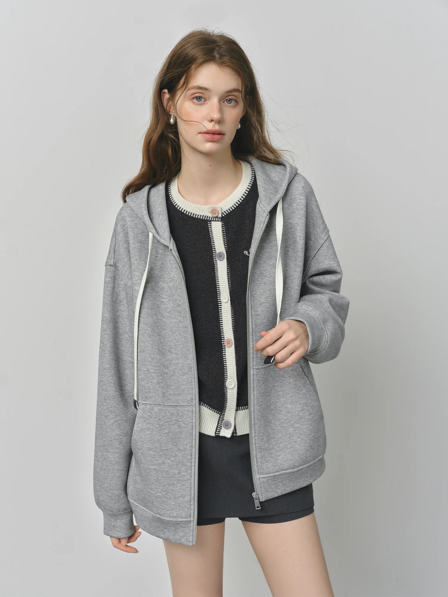 FSLE Autumn 2025 Women's Drop Shoulder Sweatshirt - Textured Open Front Relaxed Fit Casual Layer Loose Knit Top