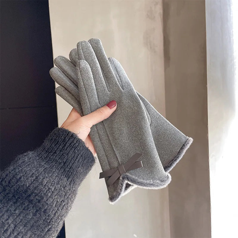 Winter women's gloves with touch screen for driving and cycling, thickened fleece for warmth and warmth, Korean version gentle
