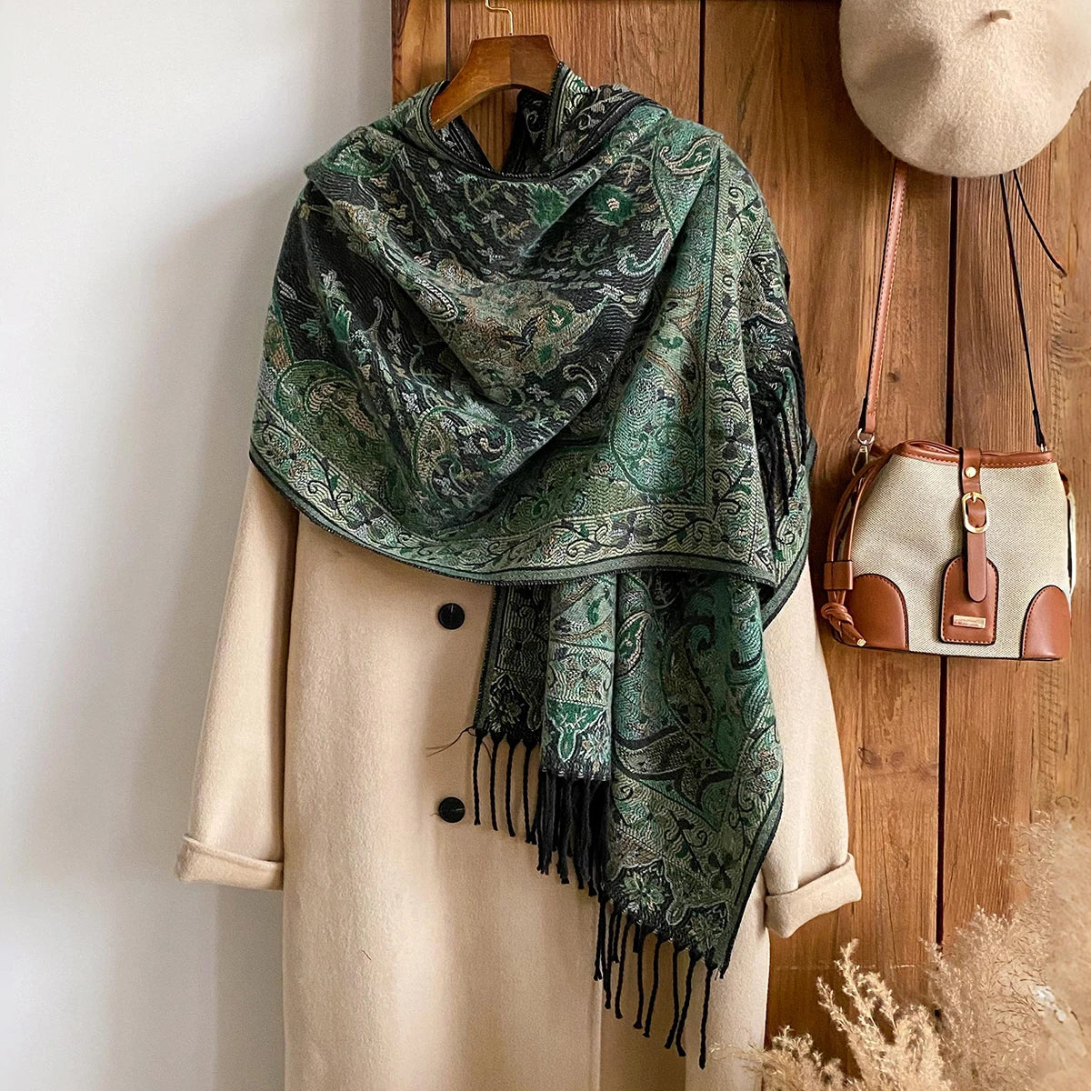 Winter Women's Thick Pashmina Shawl National Style Warm Long Tassel Scarf with Flower Embellishment Versatile Poncho Stole