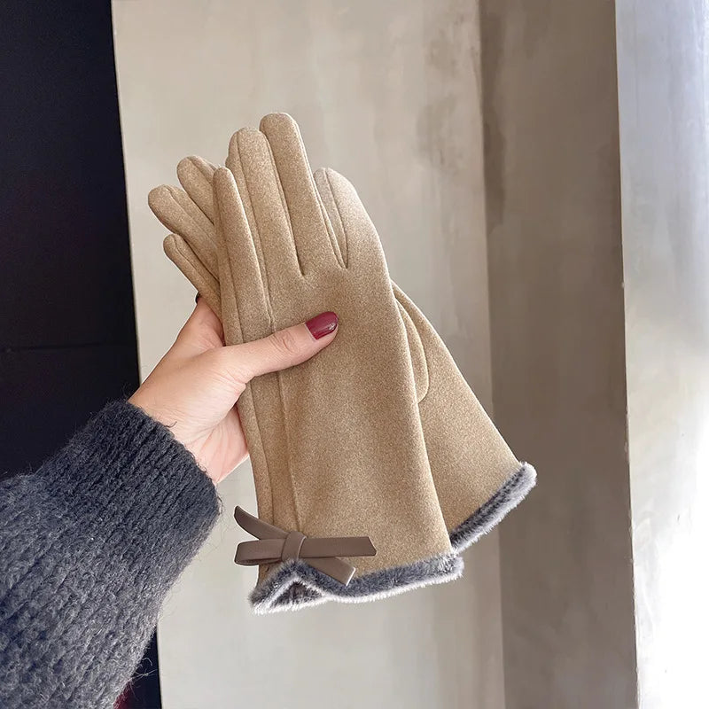 Winter women's gloves with touch screen for driving and cycling, thickened fleece for warmth and warmth, Korean version gentle
