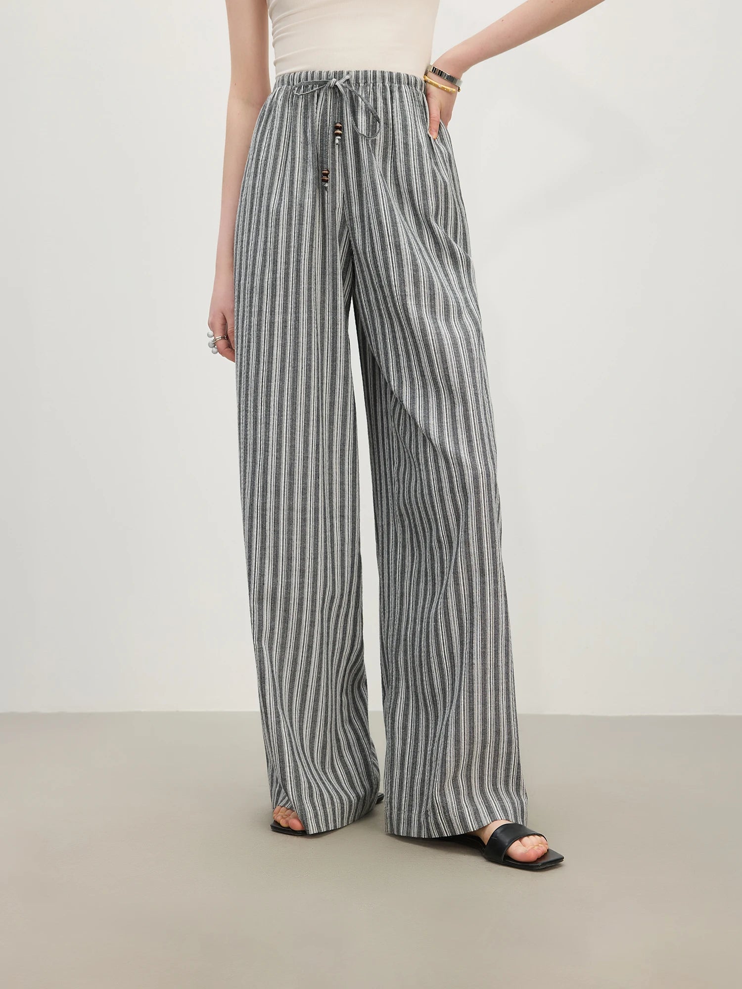 FSLE Black White Striped Pants High Waist Loose Drape Straight Pants Women 2025 Summer New Versatile Casual Pants 25FS12406