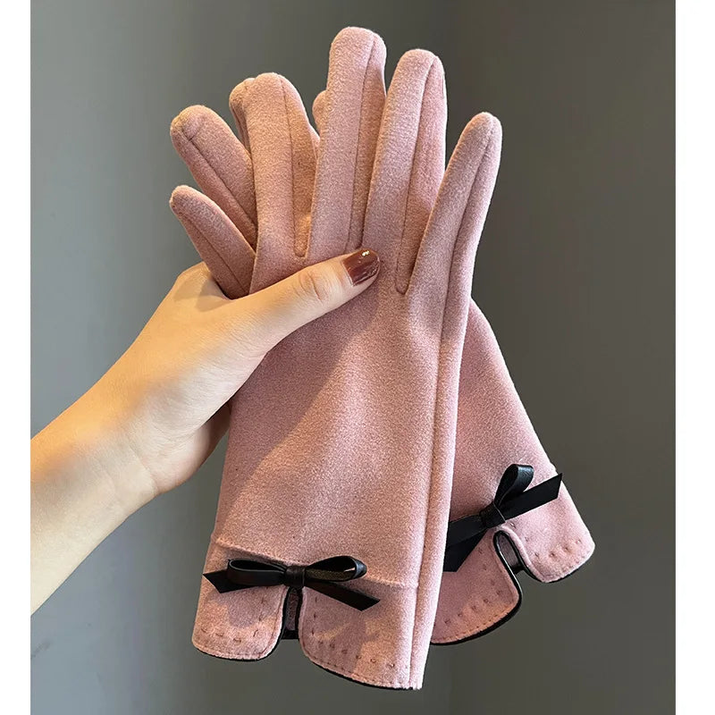Winter women's gloves with touch screen for driving and cycling, thickened fleece for warmth and warmth, Korean version gentle