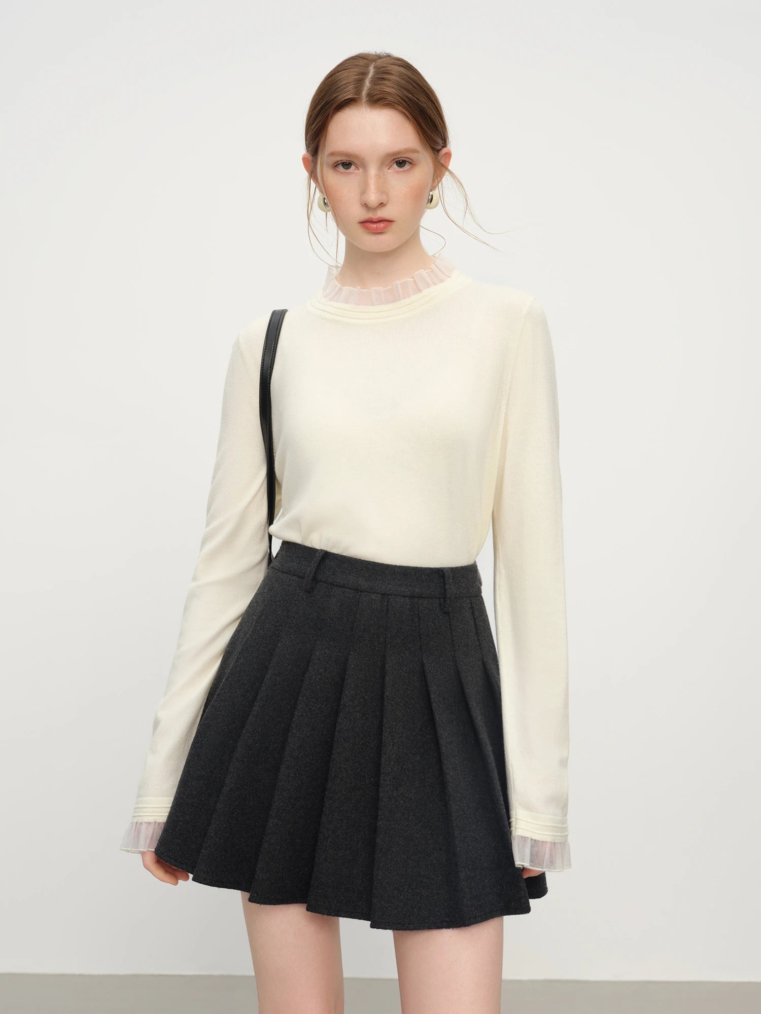 FSLE 2025 Women's Mock Neck Knit Top - Ruffle Trim Detail Layering Staple Autumn Winter Base Layer with Soft Stretch Fit