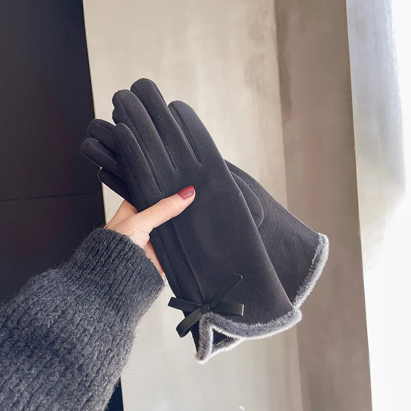 Winter women's gloves with touch screen for driving and cycling, thickened fleece for warmth and warmth, Korean version gentle