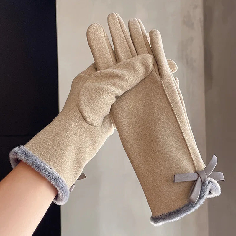 Winter women's gloves with touch screen for driving and cycling, thickened fleece for warmth and warmth, Korean version gentle