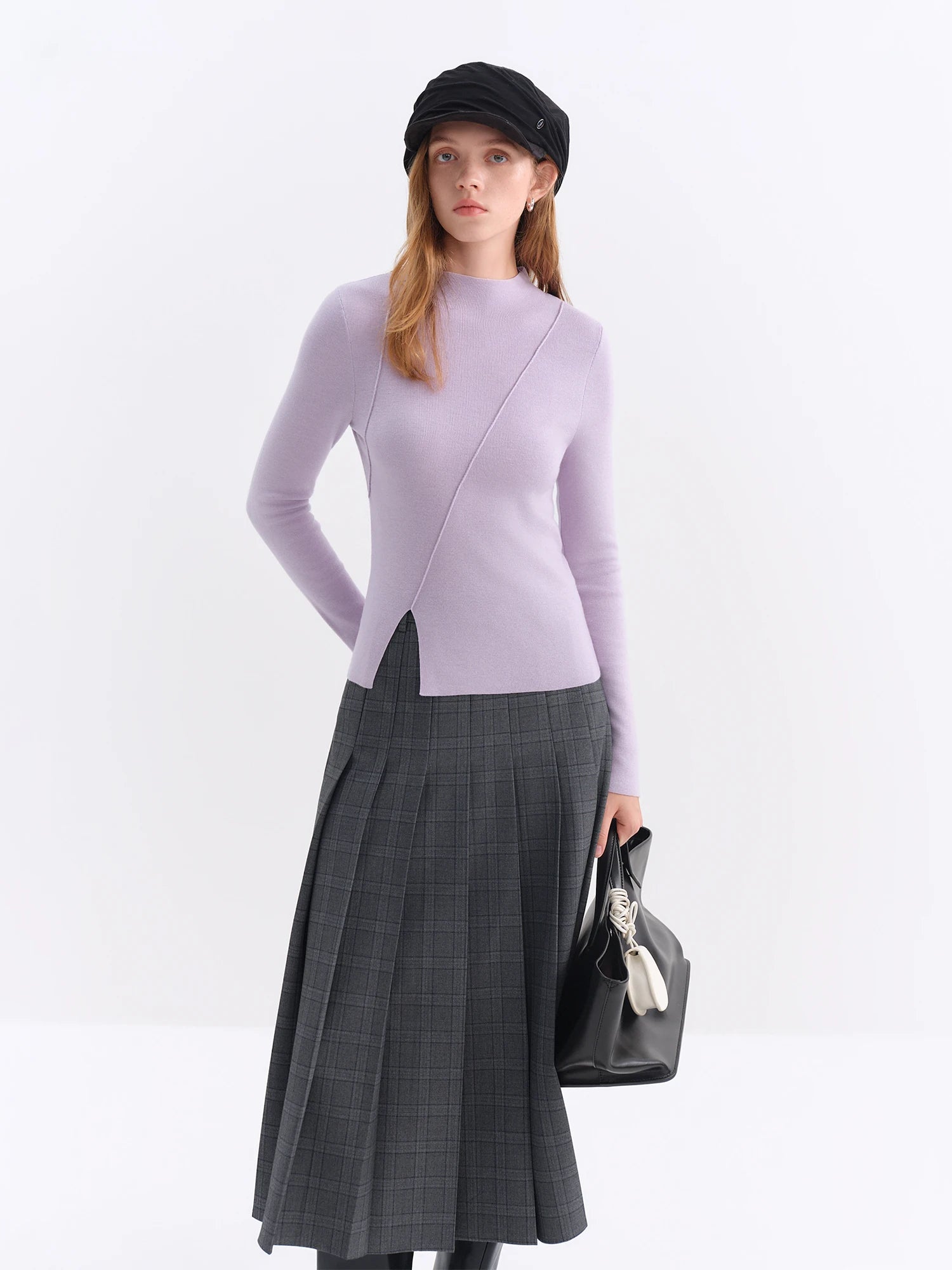 ​FSLE 2025 Winter Women's Mulberry Silk Wool Blend Knit Top - Asymmetric Bias Cut Design Base Layer for Casual Comfort