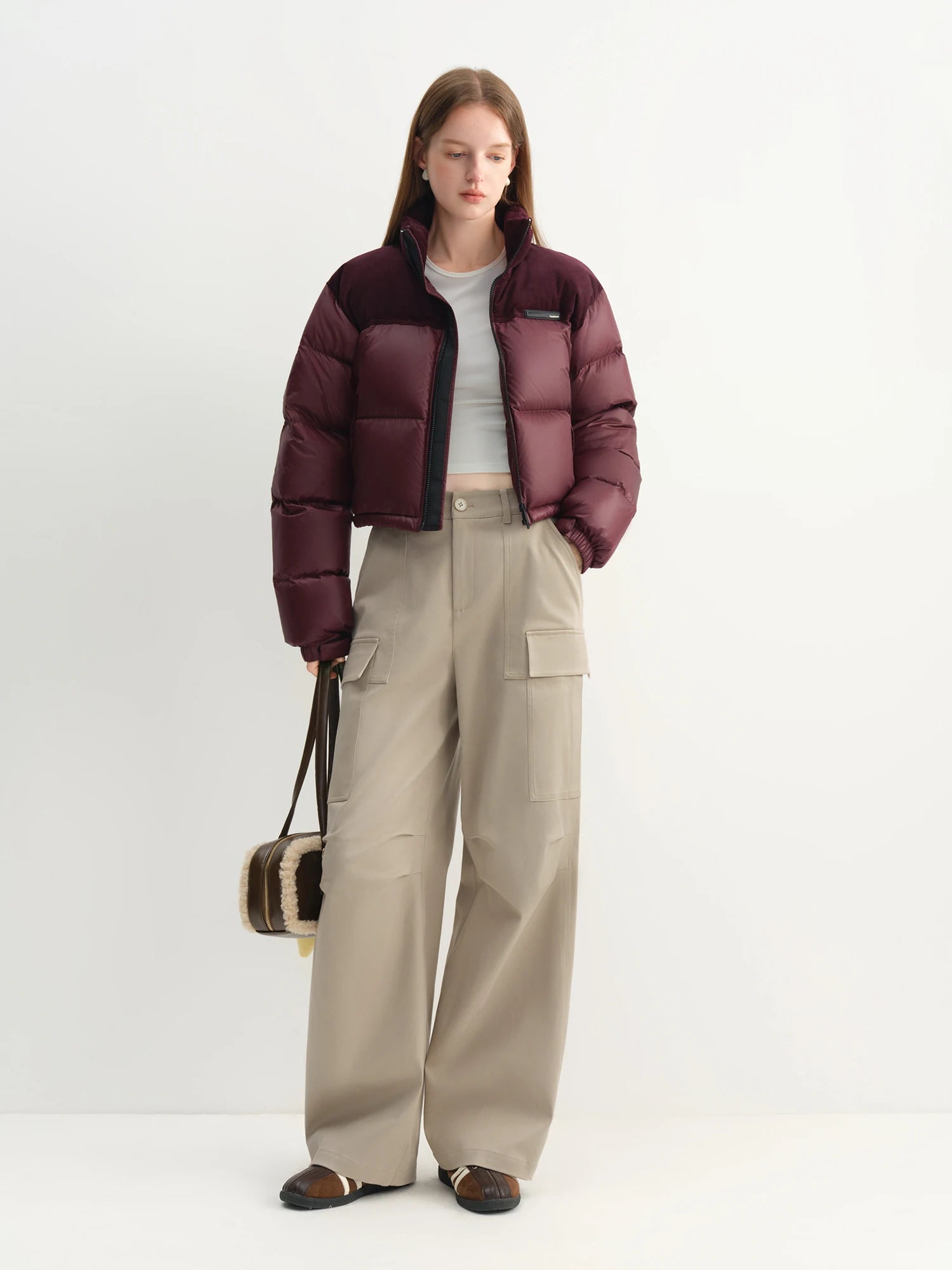 FSLE 2025 Winter Women's Short Puffer Coat - Color Block Design Stand Collar Thermal Insulated Jacket Comfort for Casual Warmth