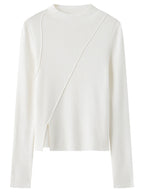 ​FSLE 2025 Winter Women's Mulberry Silk Wool Blend Knit Top - Asymmetric Bias Cut Design Base Layer for Casual Comfort