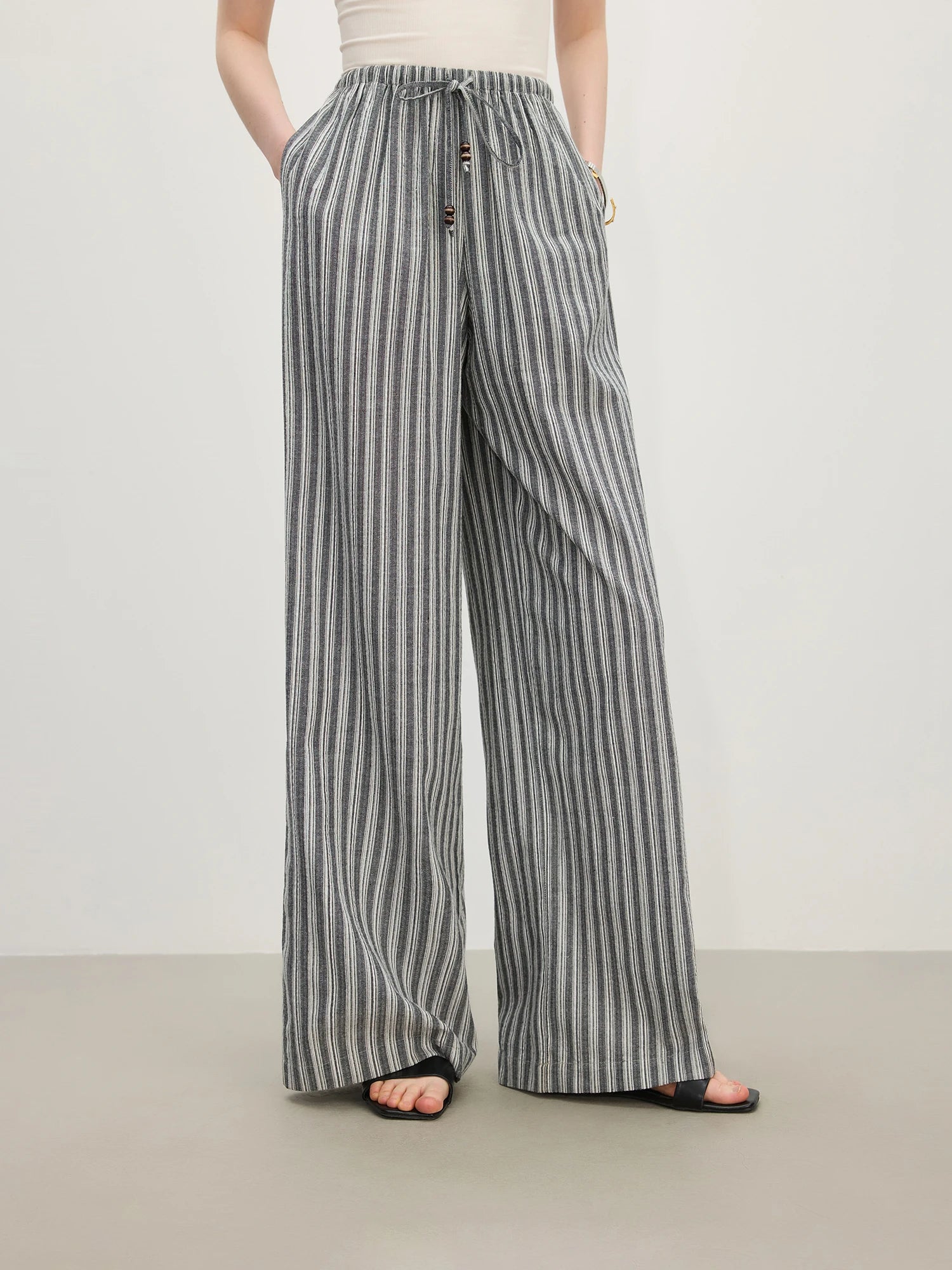 FSLE Black White Striped Pants High Waist Loose Drape Straight Pants Women 2025 Summer New Versatile Casual Pants 25FS12406