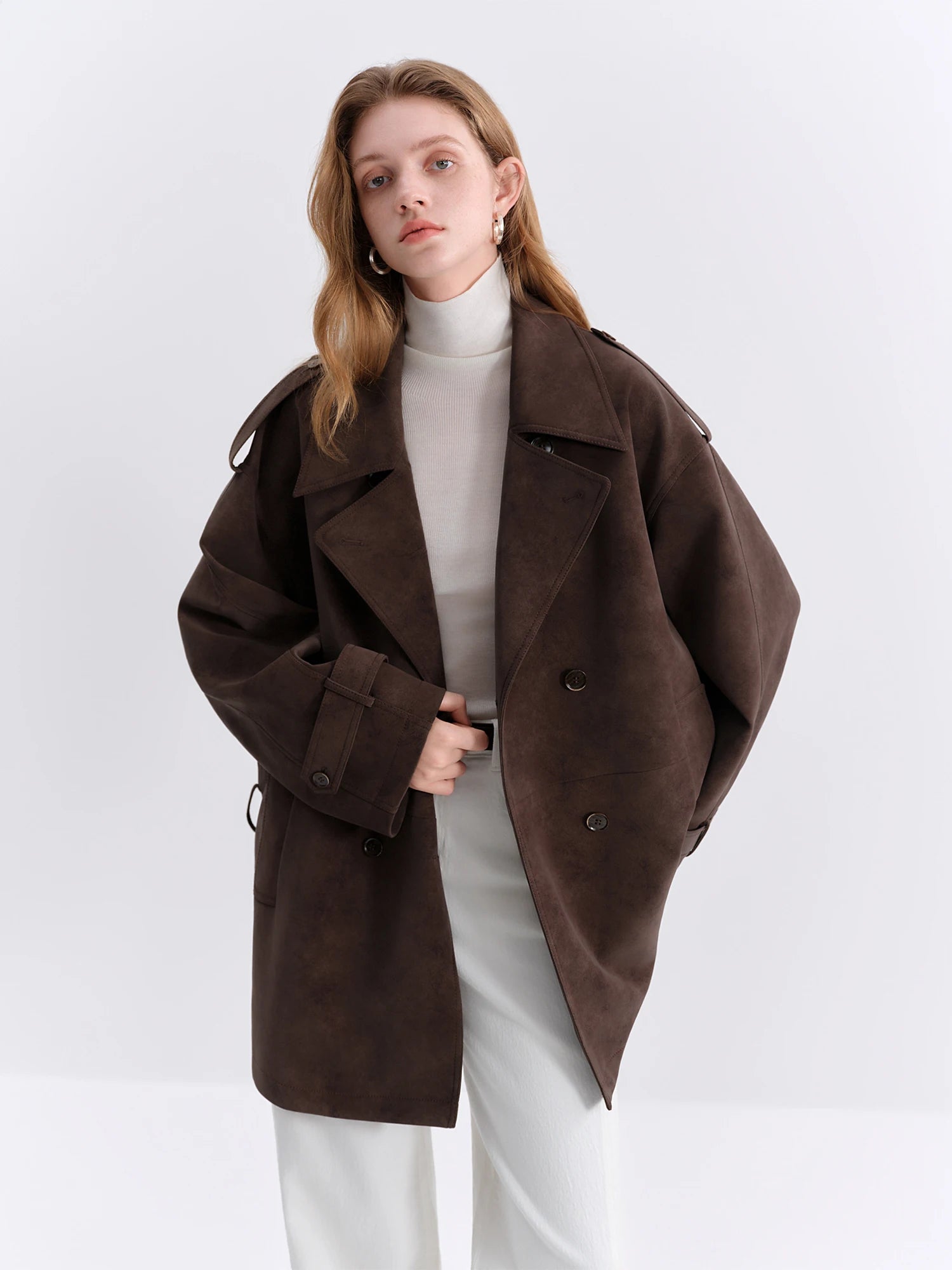 FSLE Retro Double-breasted Lapel Loose Leather Jacket for Women 2025 Winter New Casual Coffee-colored Jacket Loose Fit