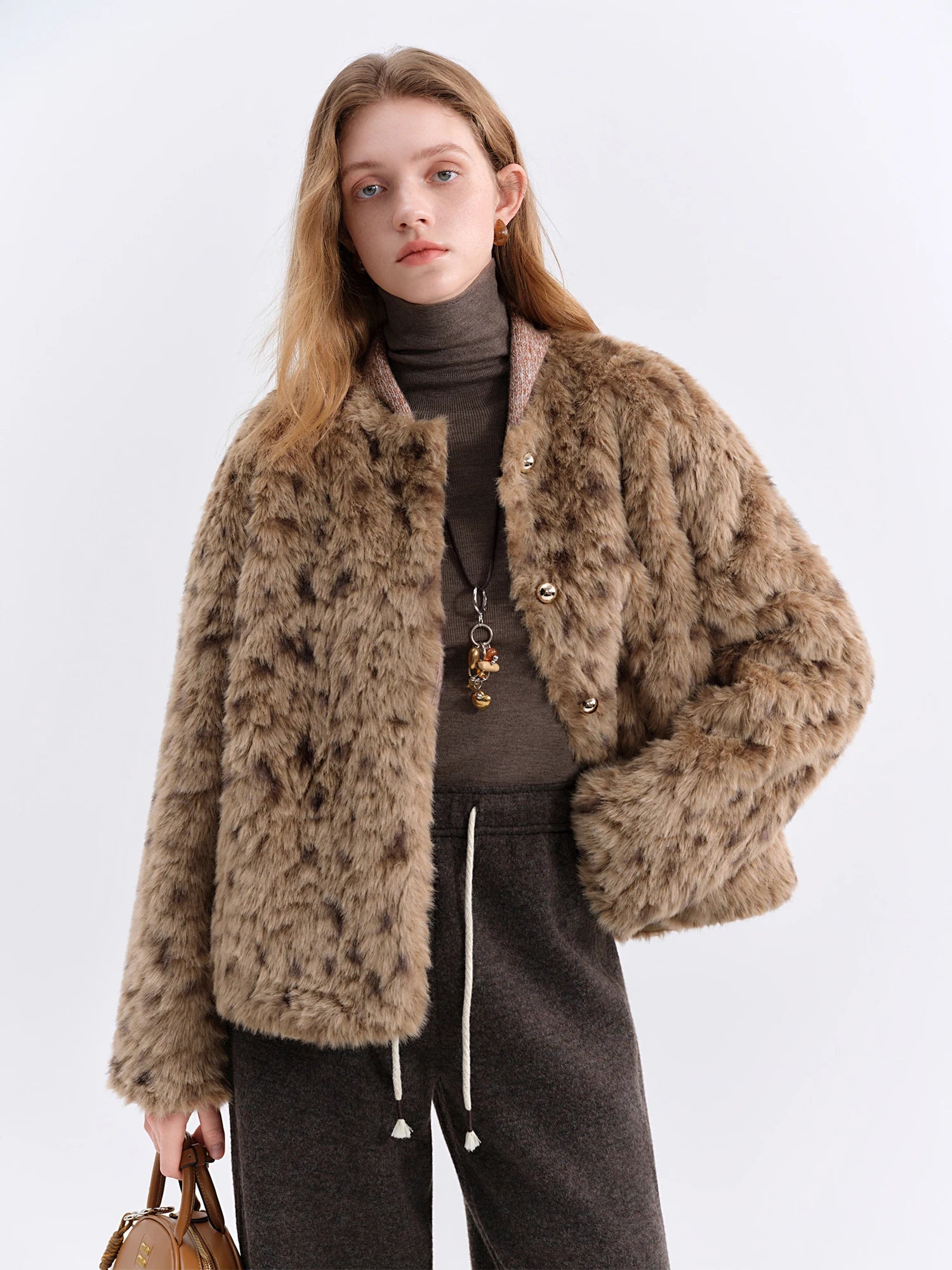 FSLE Chestnut Brown Leopard Print Women Faux Fur Stylish A-Line Trench Coat Fall Winter 2025 New Arrival Cozy Winter Essentials