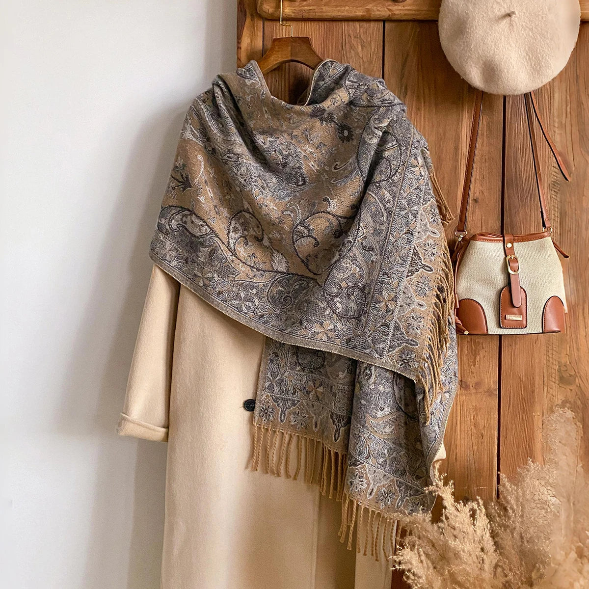 Winter Women's Thick Pashmina Shawl National Style Warm Long Tassel Scarf with Flower Embellishment Versatile Poncho Stole