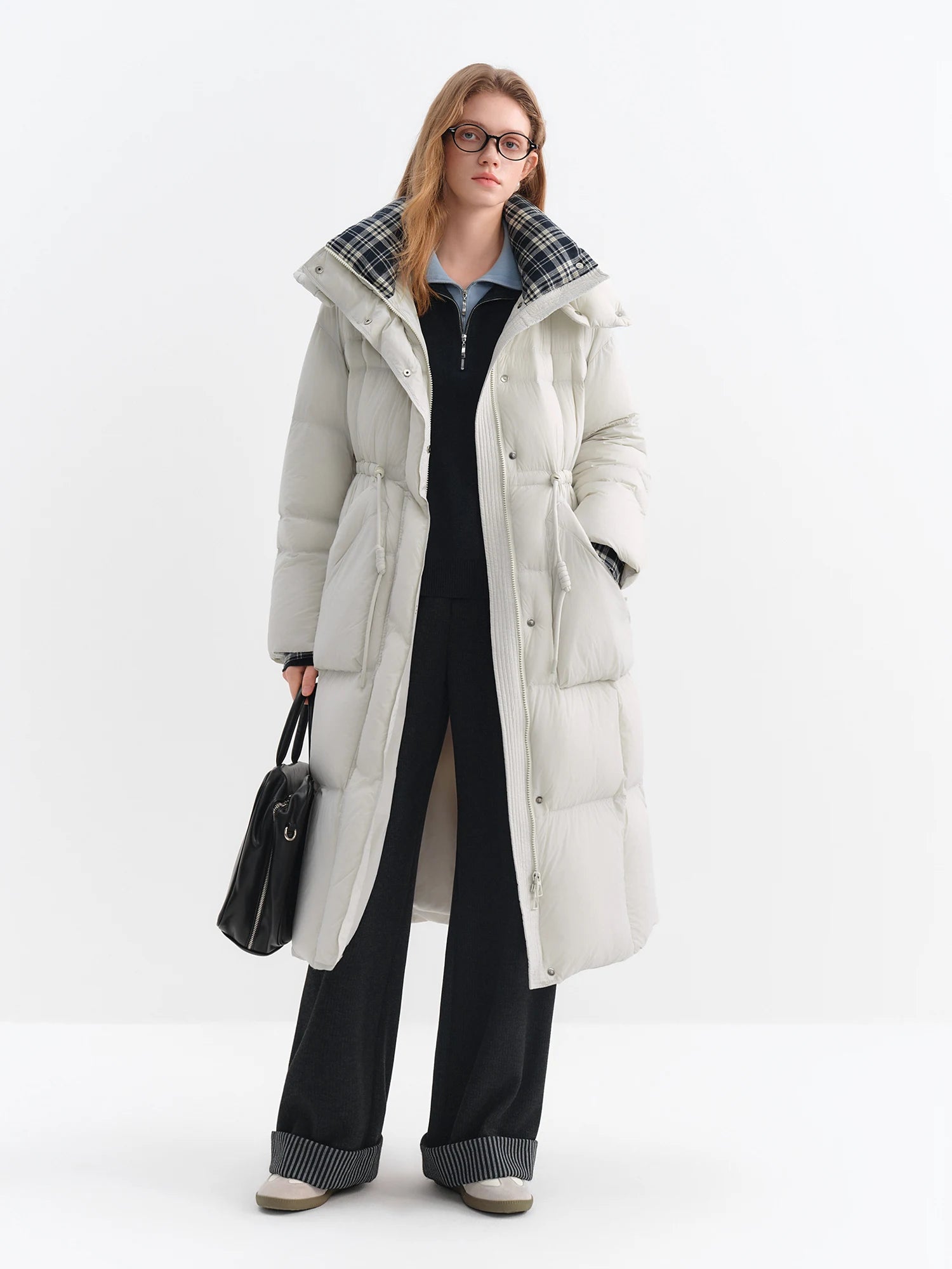 ​FSLE 2025 Winter Women's Stand Collar Hooded Long Down Coat Waist-Defining Design - Retro Style Outerwear for Casual