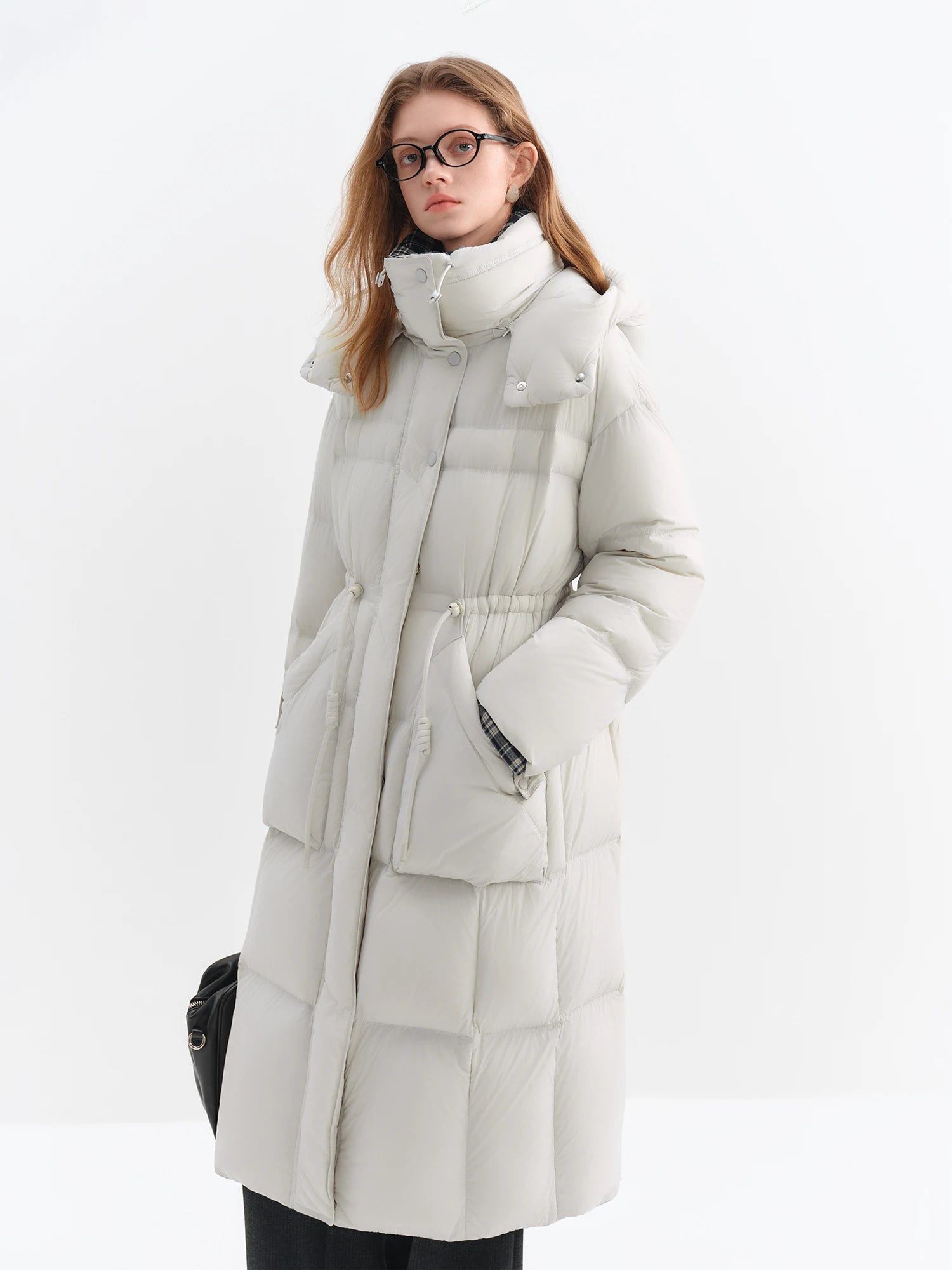 ​FSLE 2025 Winter Women's Stand Collar Hooded Long Down Coat Waist-Defining Design - Retro Style Outerwear for Casual