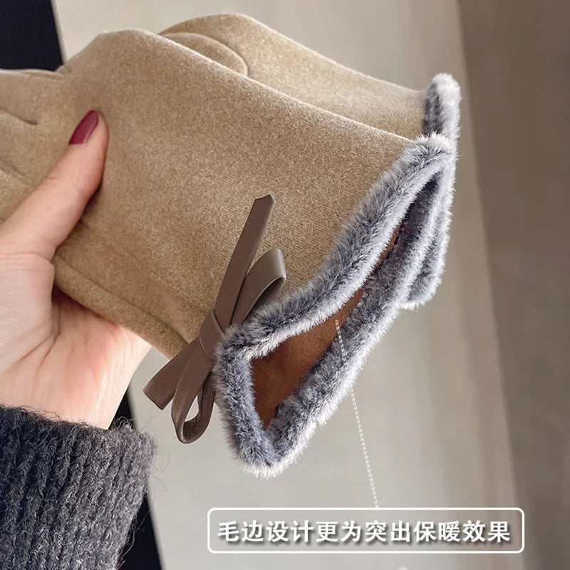 Winter women's gloves with touch screen for driving and cycling, thickened fleece for warmth and warmth, Korean version gentle