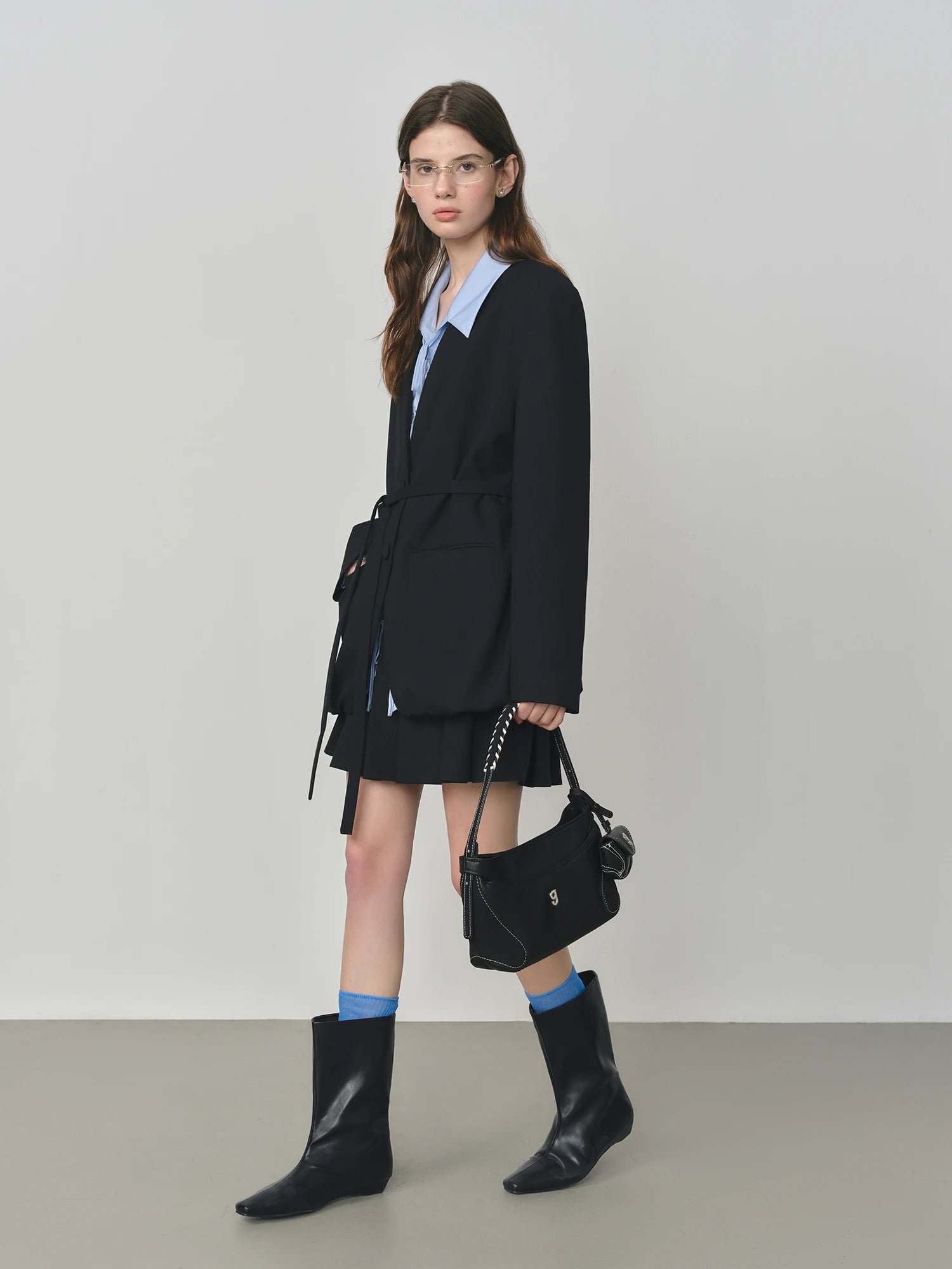 FSLE Elegant Collarless V-Neck Oversized Blazer with Sash for 2025 Autumn New Arrival Blazer Suits Coat 25FS13214