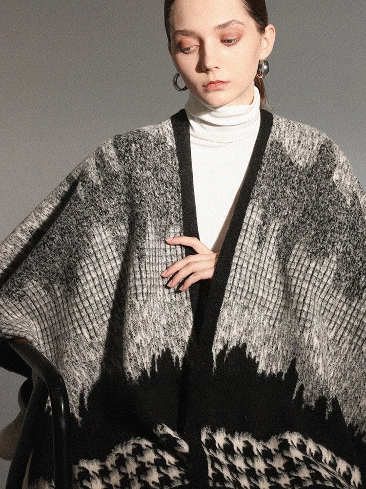USPOP 2025 Autumn Winter Black Houndstooth Shawl Cape for Women 710g Thickened Oversized Tassel Wrap Scarf Two Way