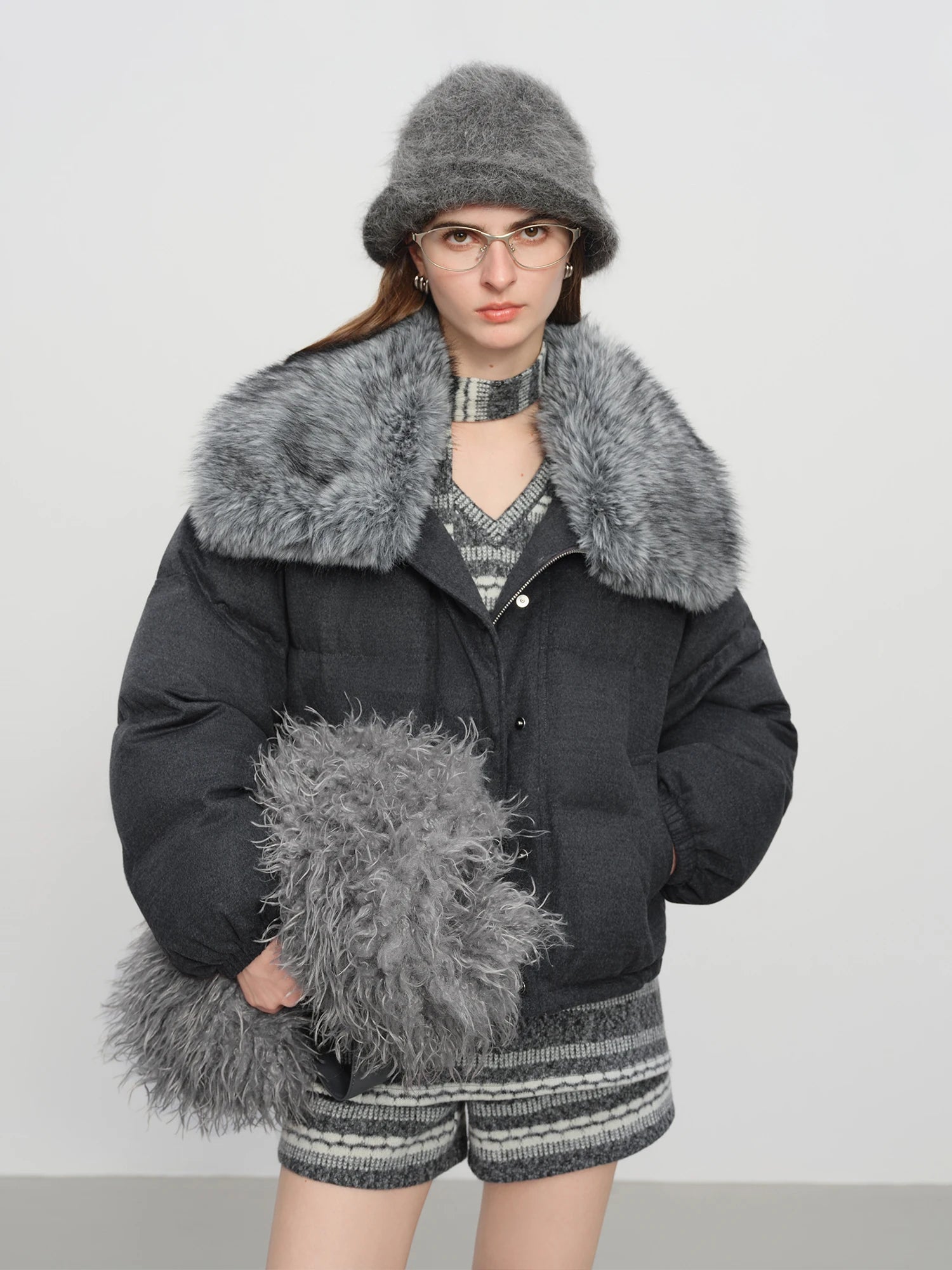 FSLE【Premium Series】Down Jacket for Women 2025 New Winter Wool Blend Removable Fur Collar Warm Coat Lightweight Puffer Outerwear