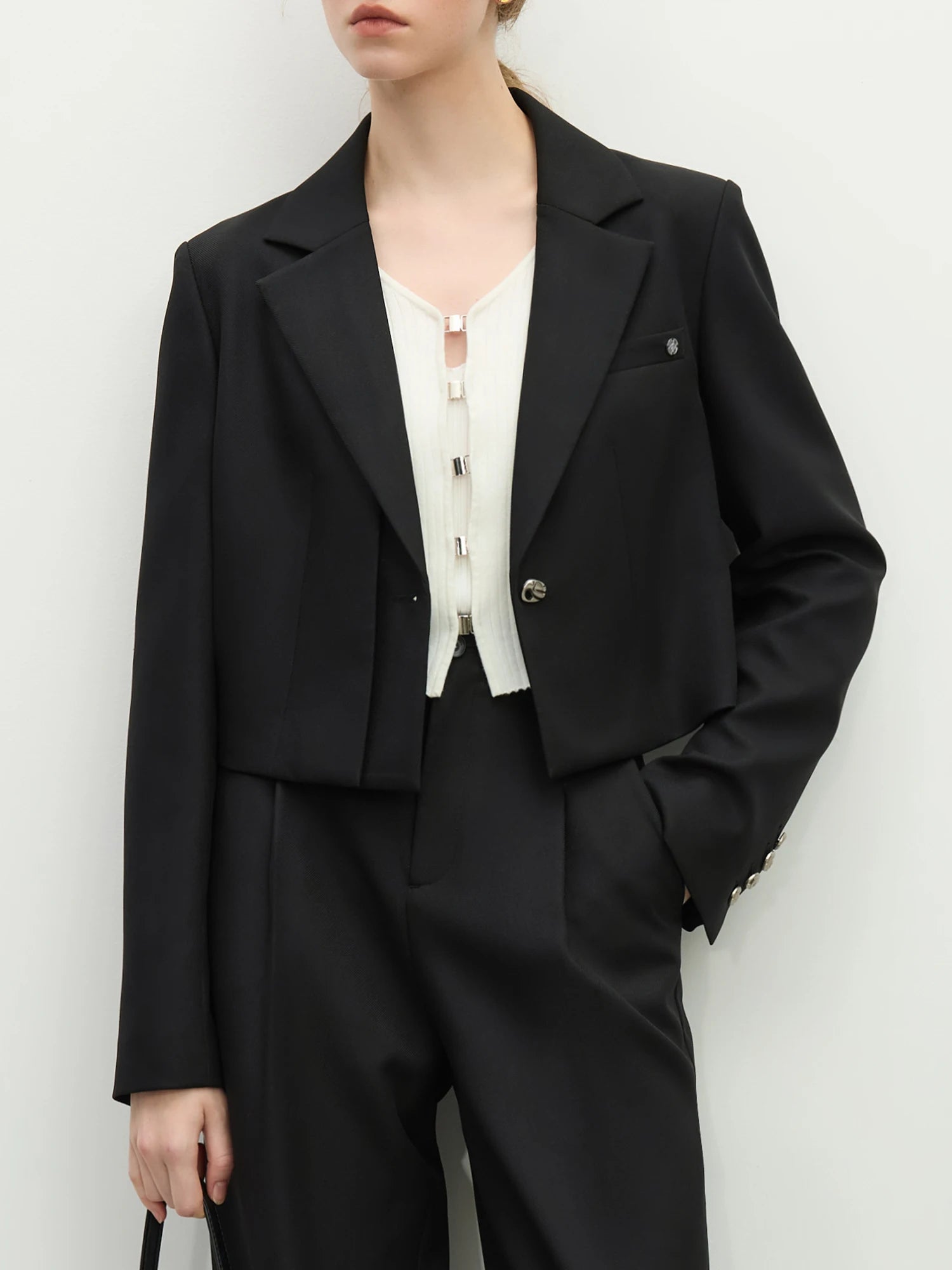 FSLE Women Spring Black Suit Sets Office Lady Temperament Short Single Button Blazers Full Length Trousers 25FS11065+25FS11066