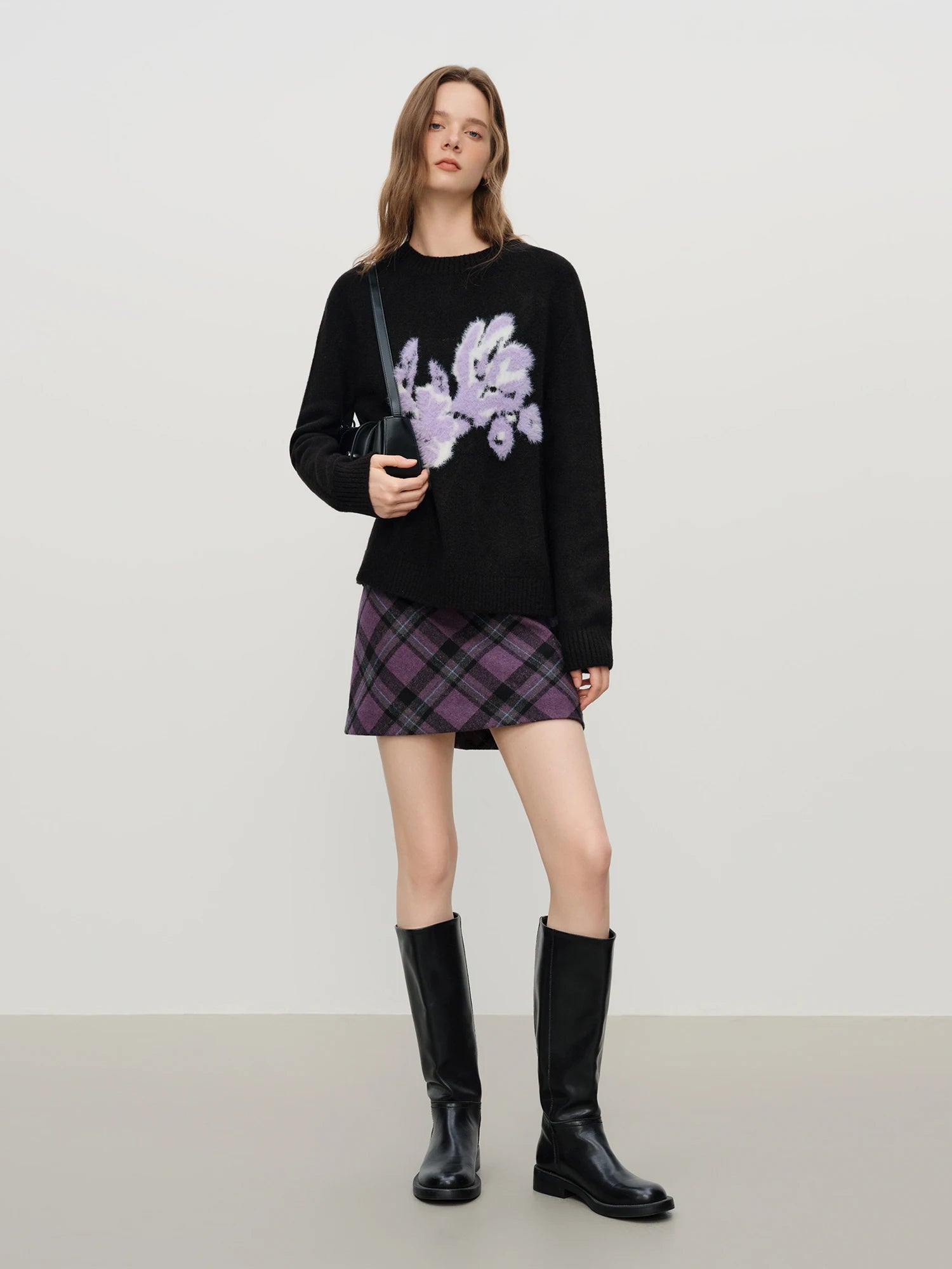 FSLE Winter 2025 Women's Floral Jacquard Knit Sweater - French Style Round Neck Pullover Warm Cozy Versatile Top