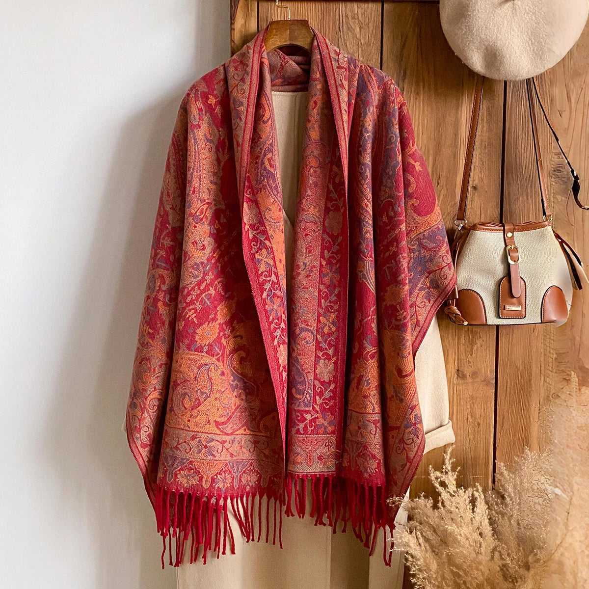 Winter Women's Thick Pashmina Shawl National Style Warm Long Tassel Scarf with Flower Embellishment Versatile Poncho Stole