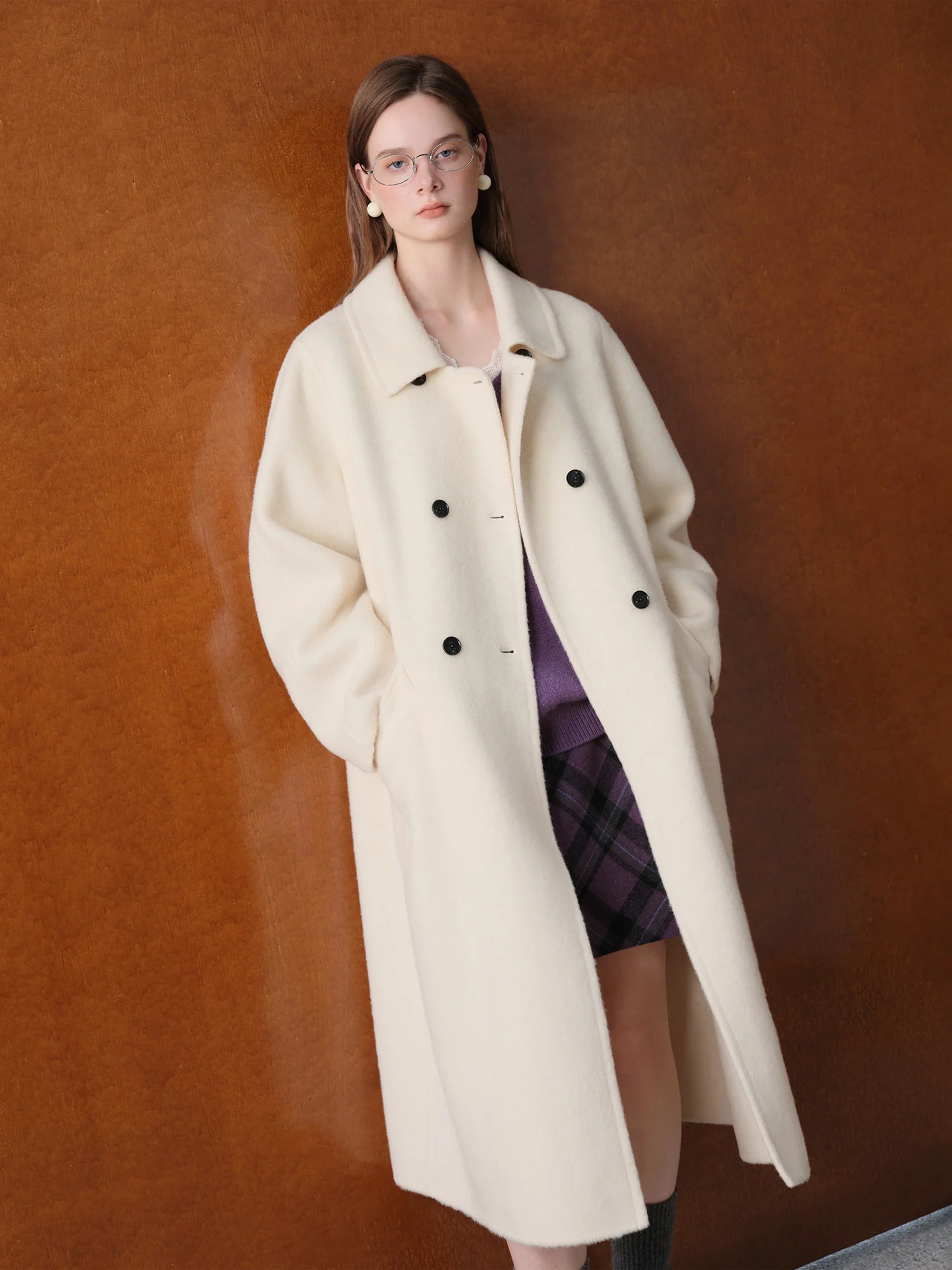 FSLE 2025 Women's Yak Wool Blend Coat - Peter Pan Collar Double Breasted Winter Trench with Flattering Silhouette Office Elegant