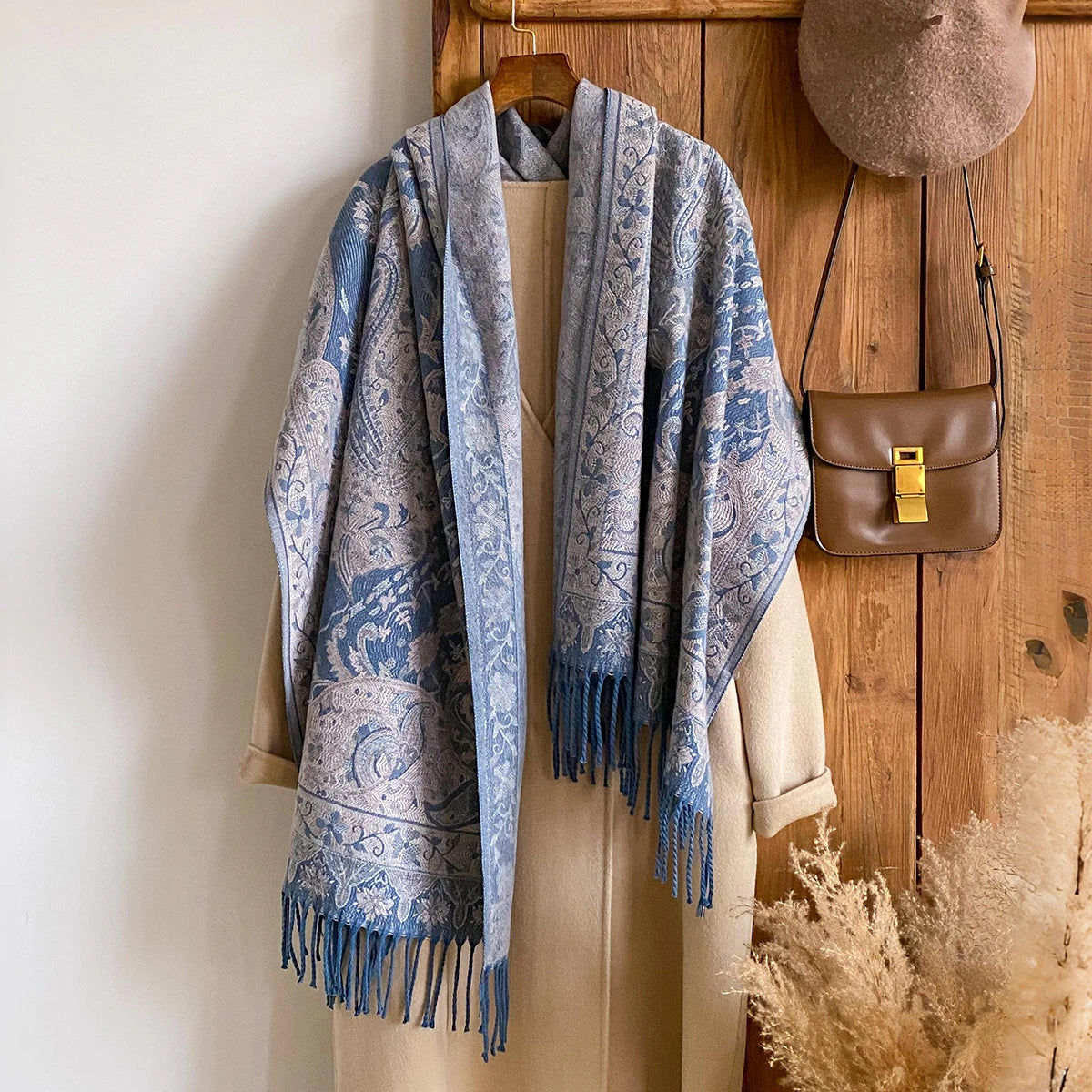 Winter Women's Thick Pashmina Shawl National Style Warm Long Tassel Scarf with Flower Embellishment Versatile Poncho Stole