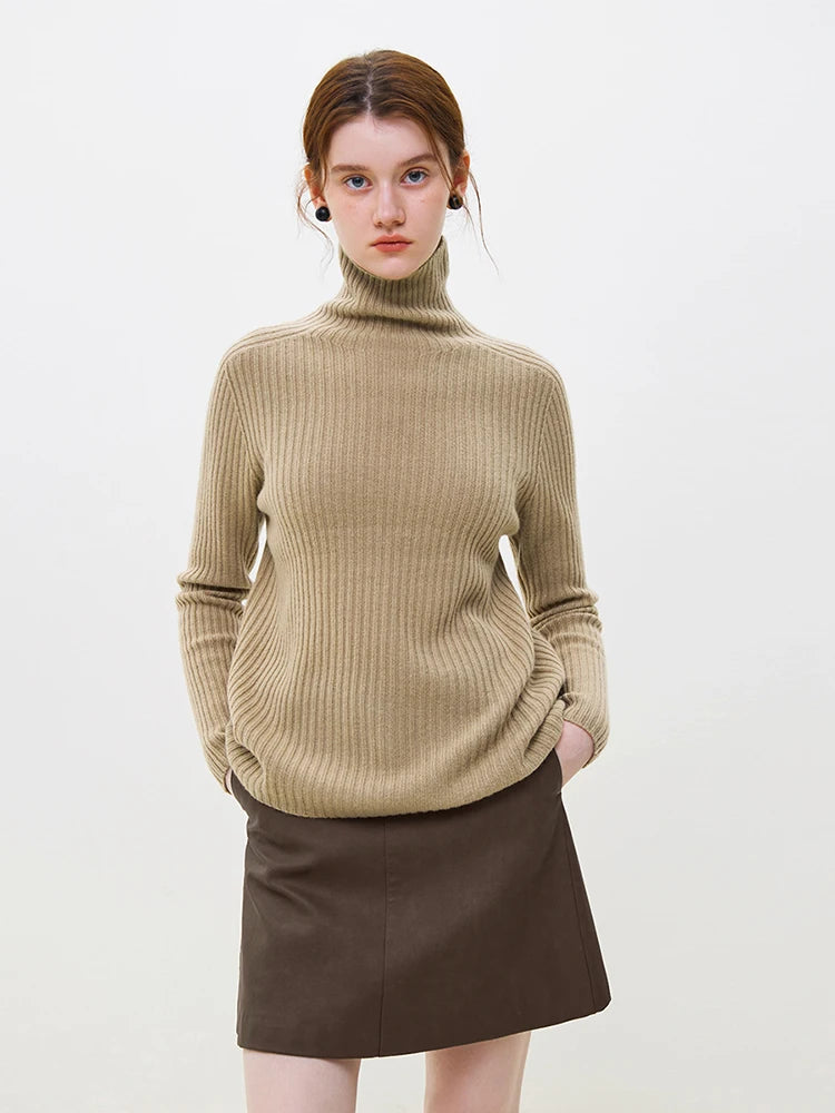 FSLE Warm Soft Pure Wool High Neck Knit For Women's Autumn Winter 2023 New Underlay Black White Grey Women Pullovers Casual