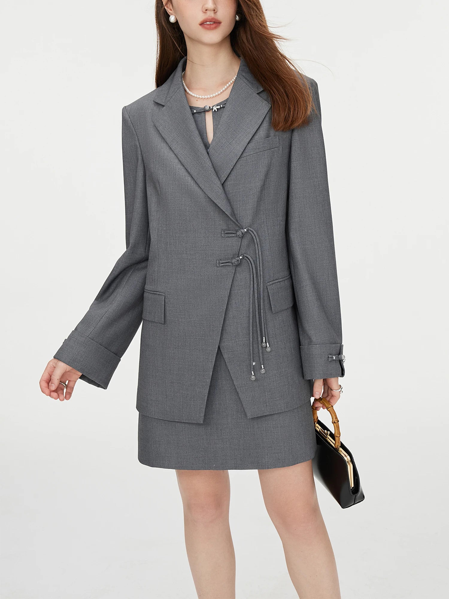 FSLE Chinese Style Women Blazer Dress Sets Grey Asymmetrical Placket Female Notched Collar Straight Blazer 24FS13346+24FS13344
