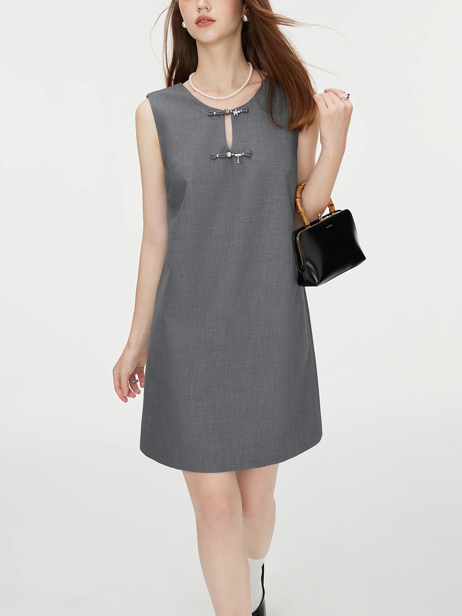 FSLE Chinese Style Women Blazer Dress Sets Grey Asymmetrical Placket Female Notched Collar Straight Blazer 24FS13346+24FS13344