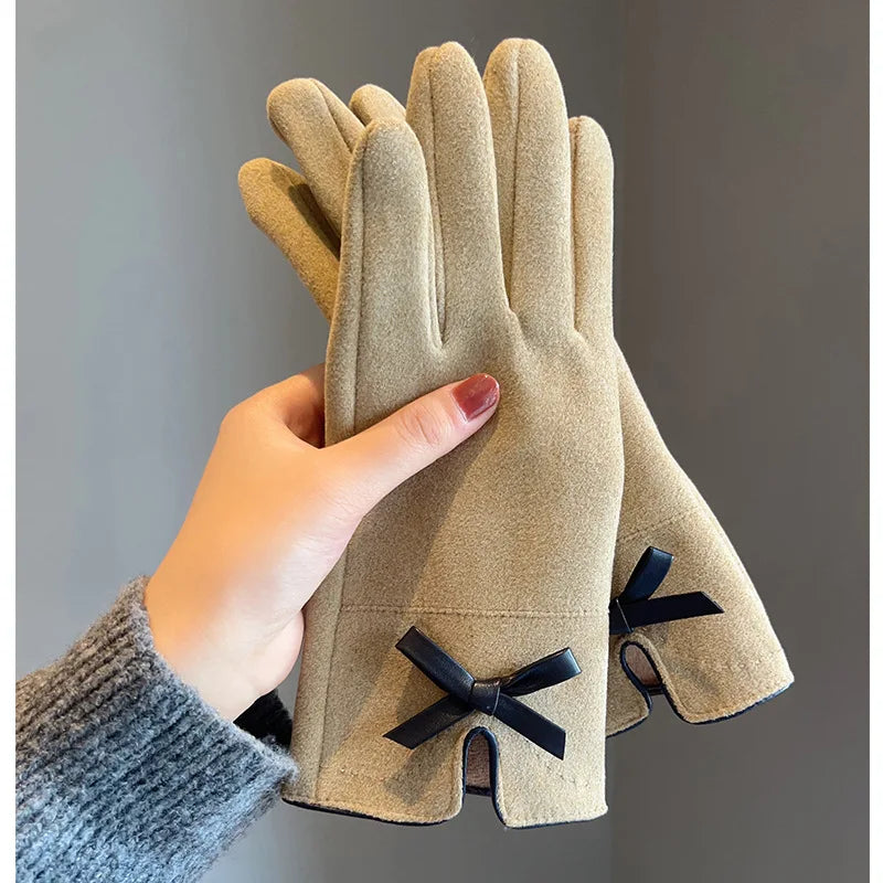 Winter women's gloves with touch screen for driving and cycling, thickened fleece for warmth and warmth, Korean version gentle