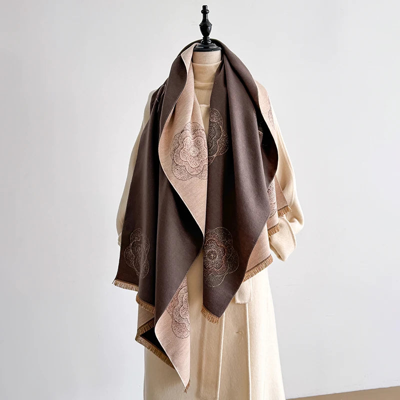 Luxury Designer Brand Winter Blanket Scarf Shawls for Women - Warm Floral Pashmina Print Large Wrap Imitation Cashmere Foulard