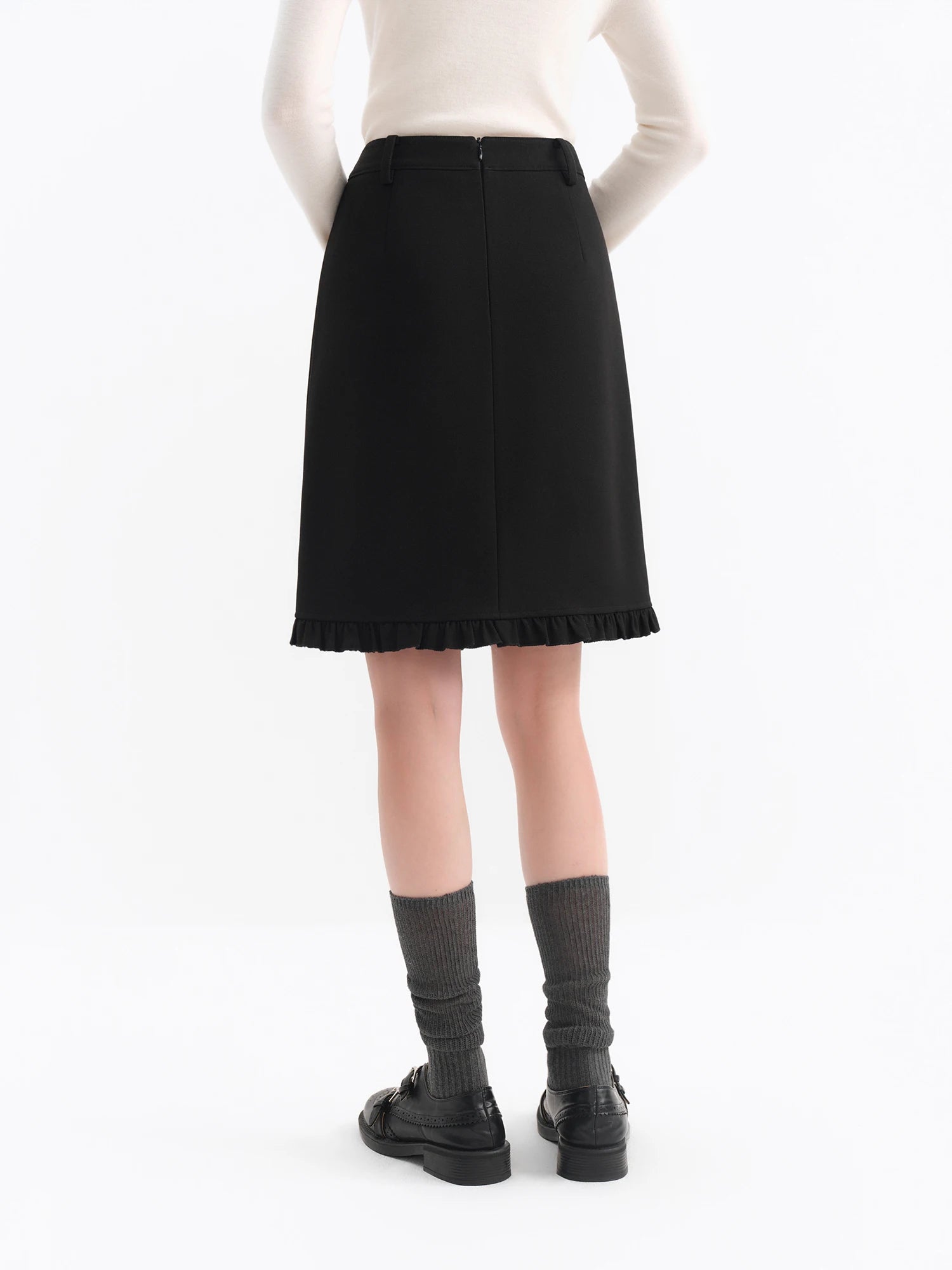 FSLE Elegant Design Ruffled Hem Flattering A-Line Half Skirt Winter Autumn 2025 New Arrival Skirt Black Knee High Office Skirts