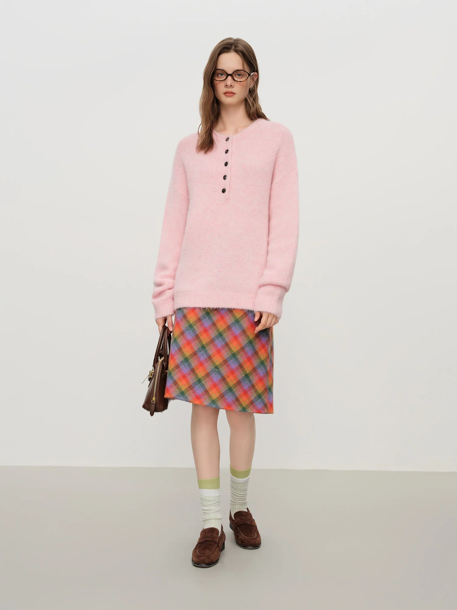 FSLE 2025 Winter Women's Henley Neck Alpaca Wool Blend Sweater - Minimalist Oversized Stand Collar Top for Casual Comfort