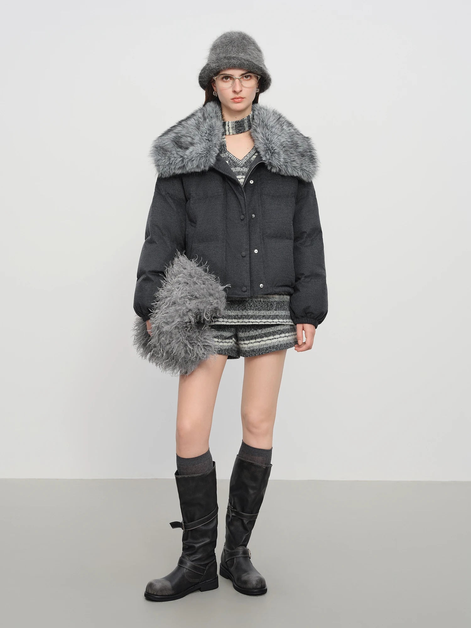 FSLE【Premium Series】Down Jacket for Women 2025 New Winter Wool Blend Removable Fur Collar Warm Coat Lightweight Puffer Outerwear