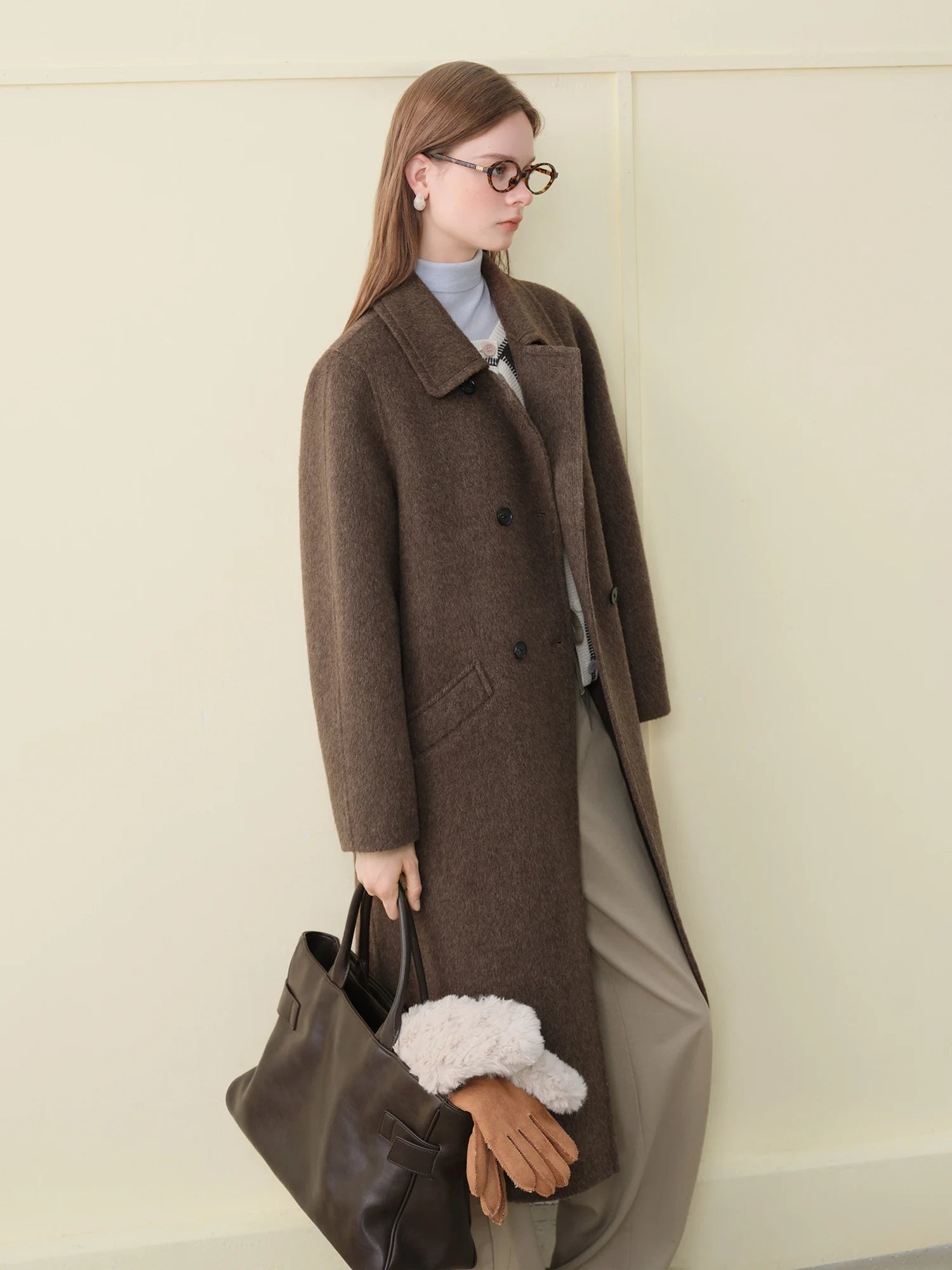 FSLE 2025 Women's Yak Wool Blend Coat - Peter Pan Collar Double Breasted Winter Trench with Flattering Silhouette Office Elegant