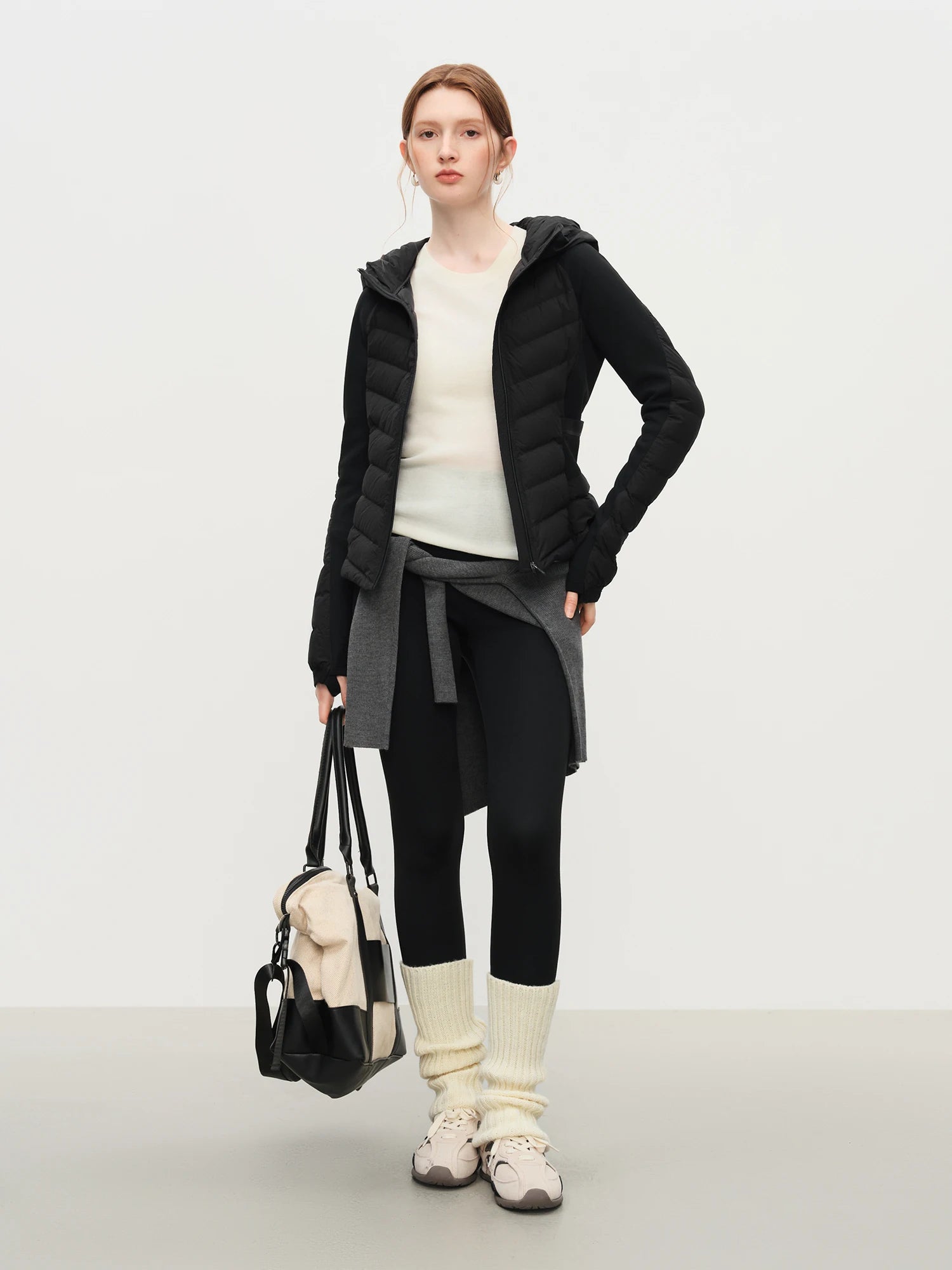 FSLE Patchwork Lightweight Stretch Knit Hooded Jacket 2025 Winter New Arrival Black Short Down Coats