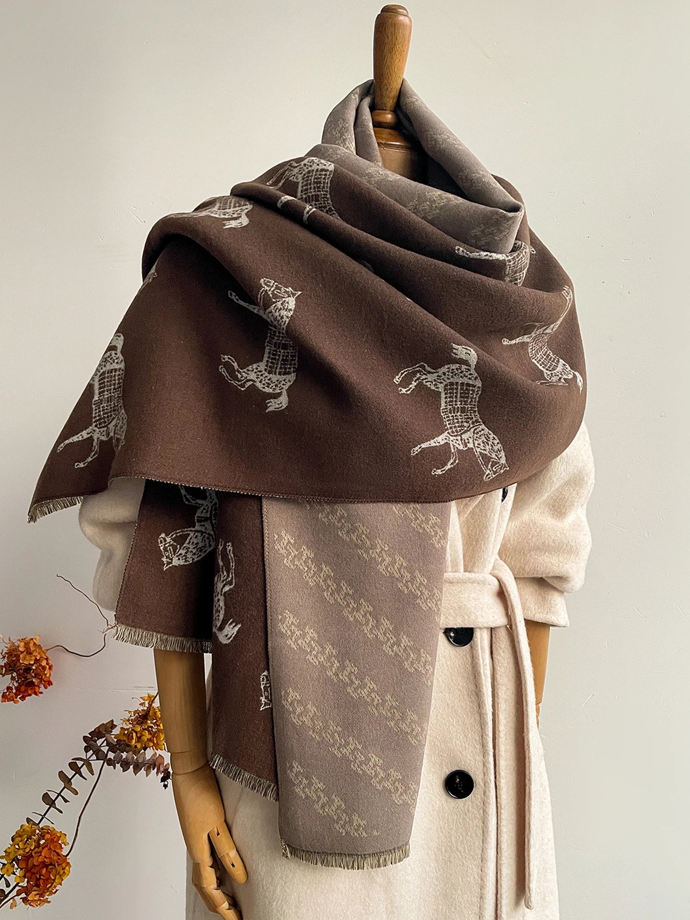 Women's Autumn Winter Faux Cashmere Scarf Warm Neck-Care Shawl Wrap with New Jacquard Design Convertibility to a Blanket